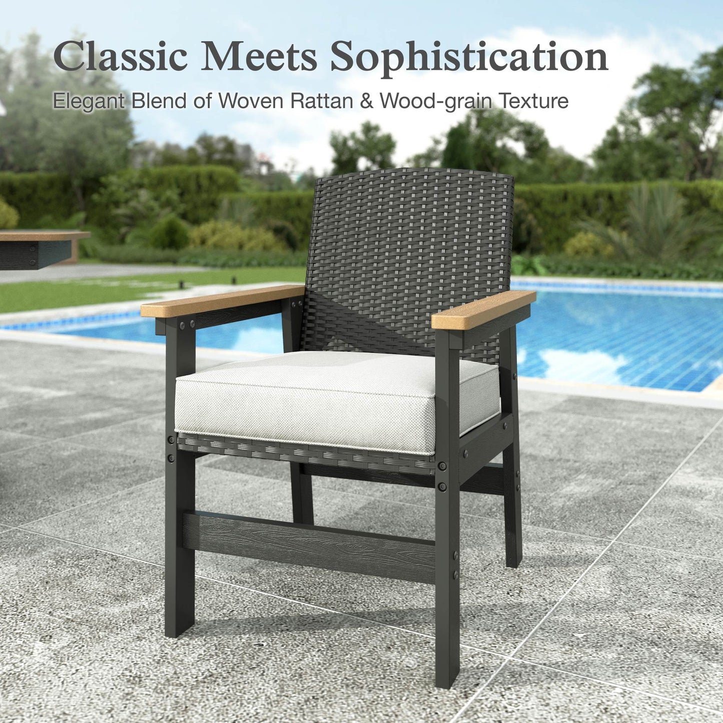 Sophia&William Patio Outdoor Dining Chairs HDPE Chair Furniture Set with Wicker Rattan Back & 4.7" Cushions, Set of 2