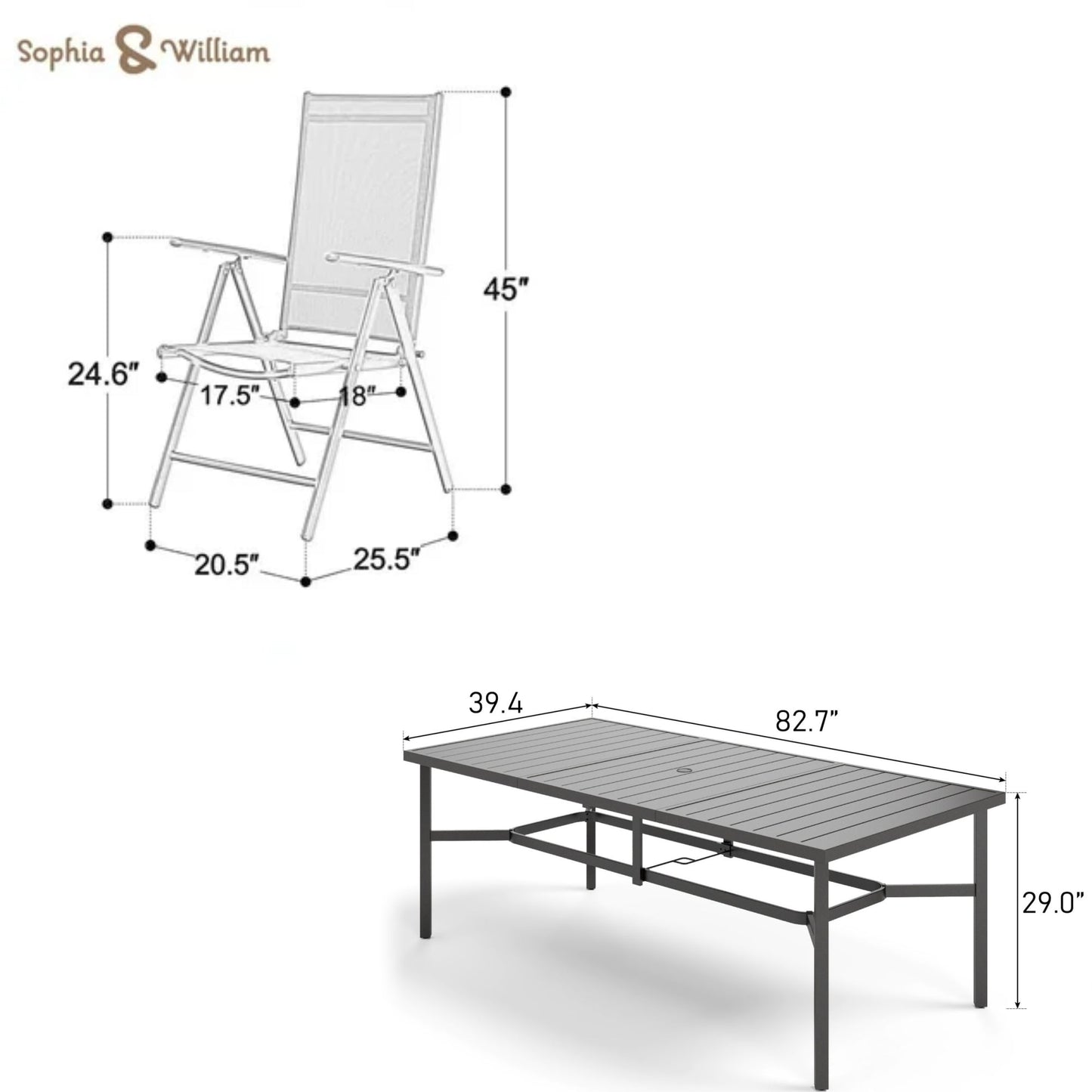 Sophia & William 9-Piece Outdoor Patio Dining Set Metal Table and Aluminum Alloy Textilene Chairs Set for 8, Black