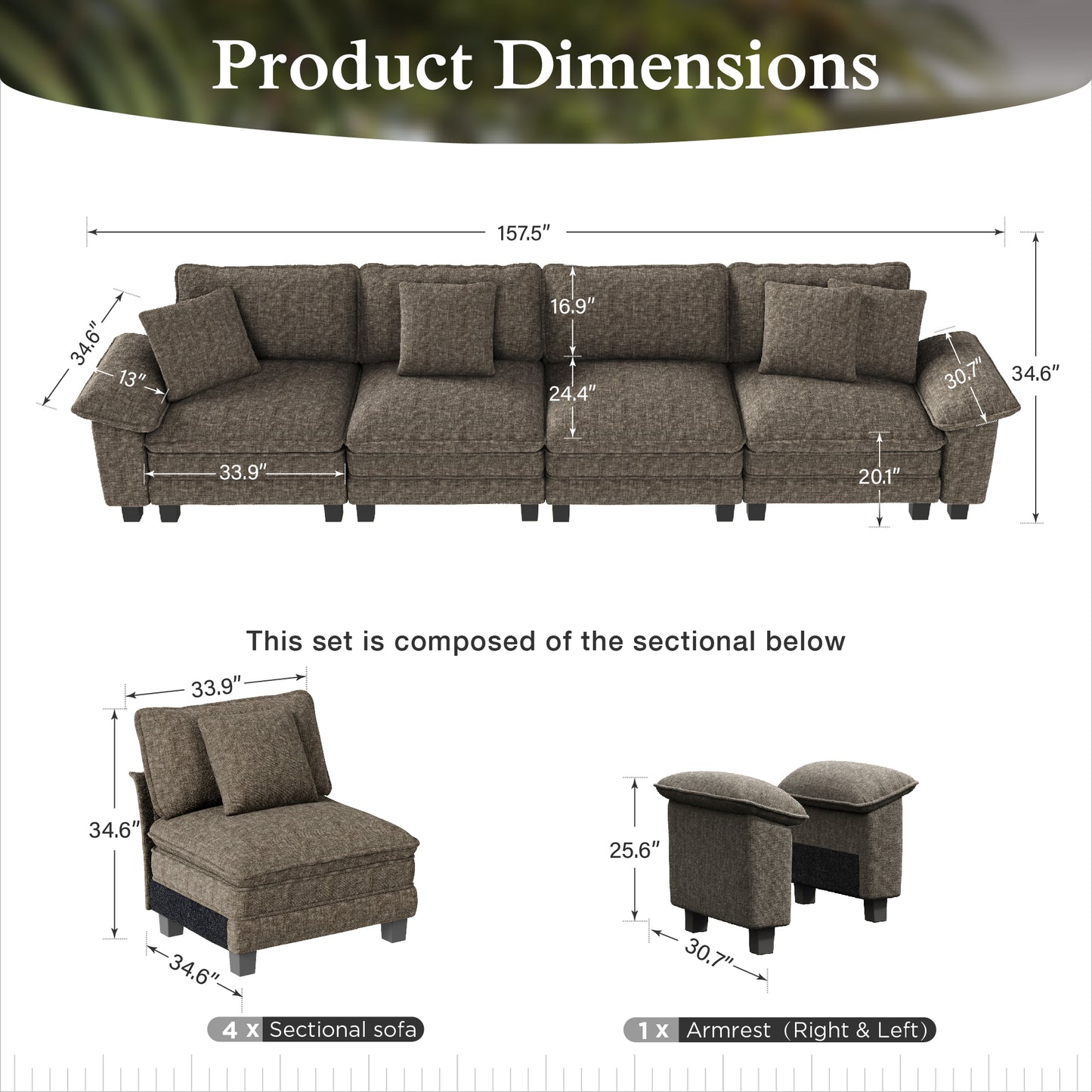 Sophia&William 157.5"L Modular Sectional Sofa Sets, 4-Seat Modern Chenille Cloud Couch Deep Seat with Corduroy Frame & 4 Pillows for Living Room, Apartment, Ash Gray