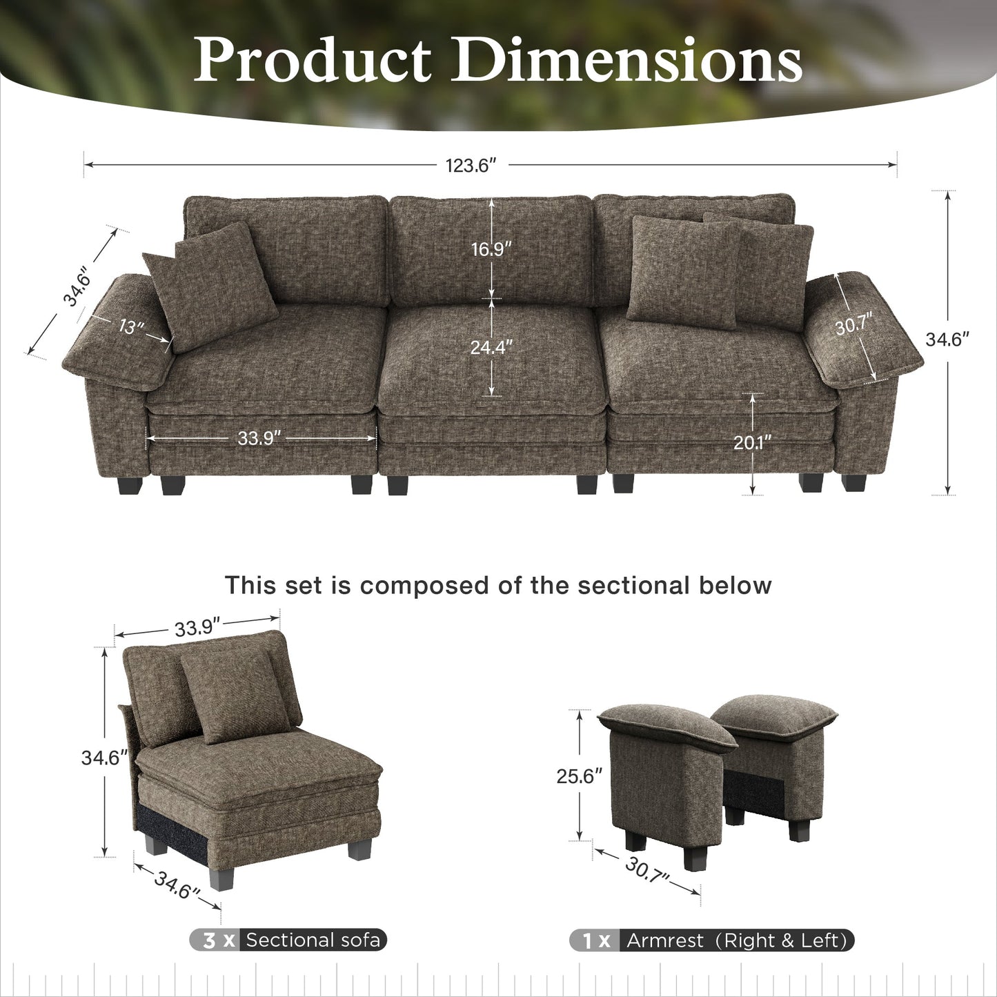 Sophia&William 3-Seat Convertible Sectional Sofa Couch, Modern Chenille Couch Cloud Sofa Modular with 3 Pillows for Living Room,Ash Gray