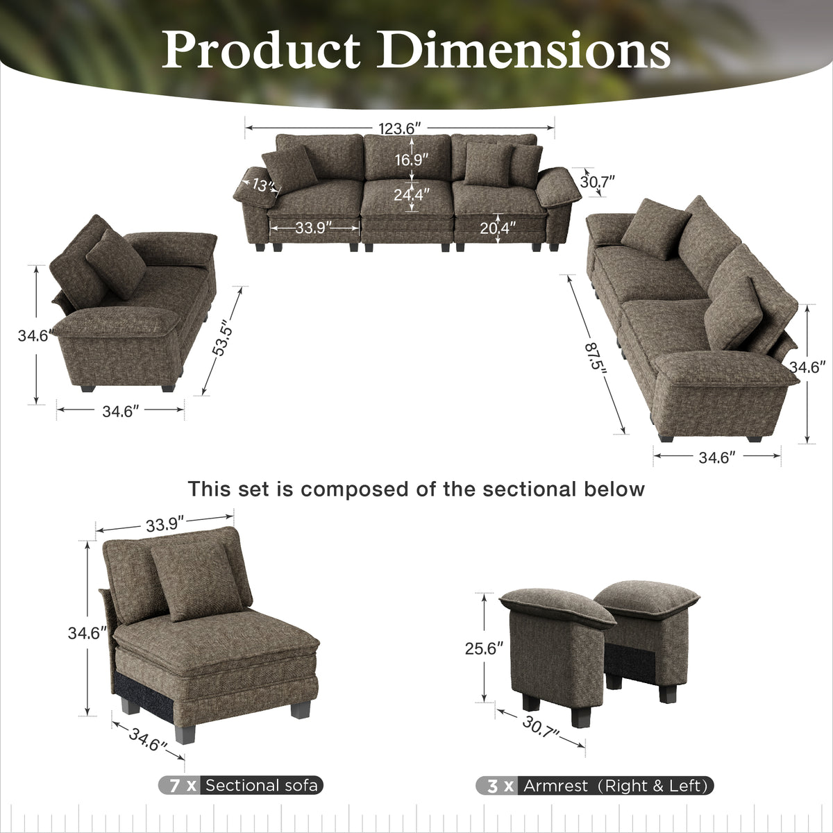 Sophia&William 6-Seat Sectional Sofa Sets, Modern Cloud Couch Deep Seat Modular Sofa with Corduroy Frame & 6 Pillows for Living Room, Apartment, Ash Gray