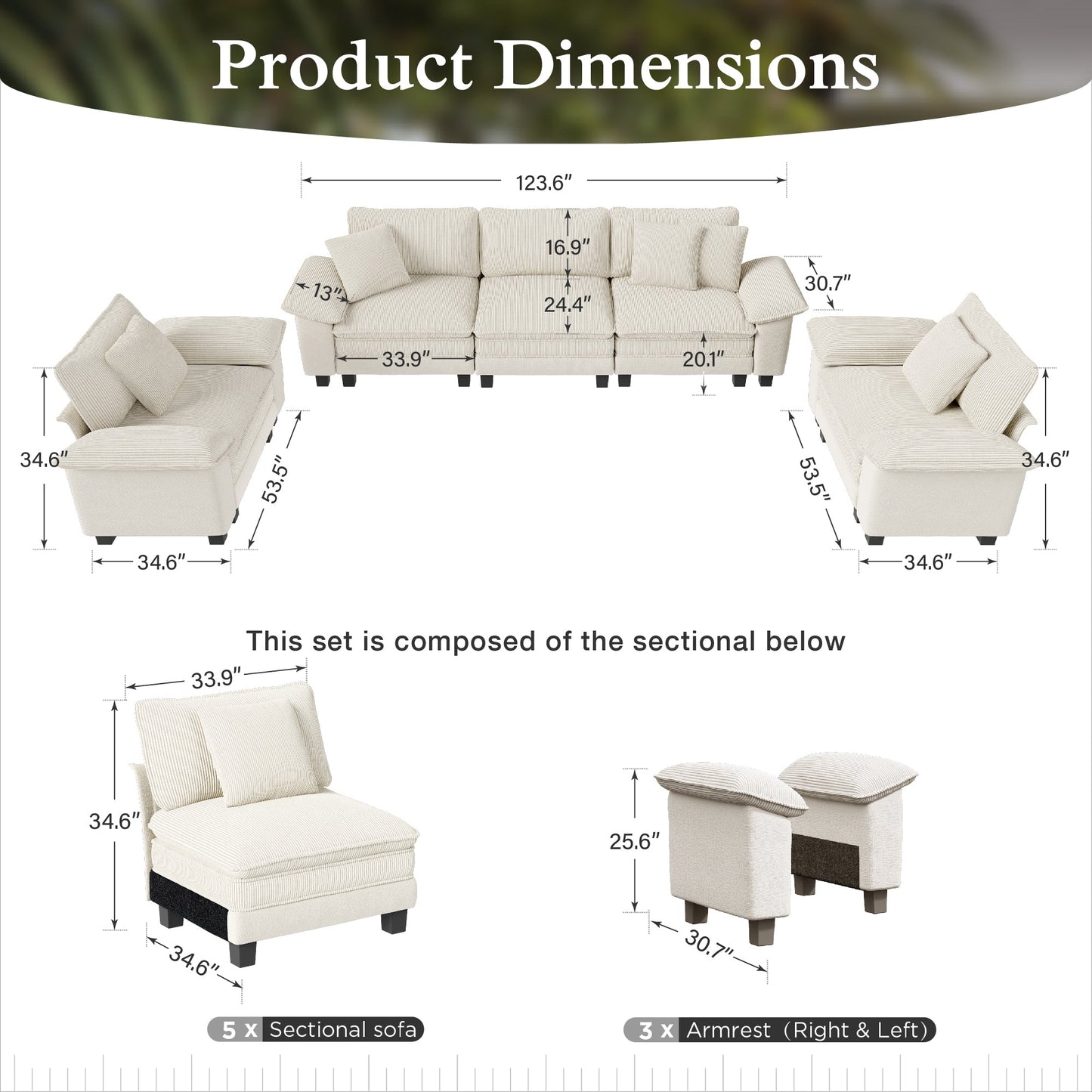 Sophia&William 123.6"L Convertible Sectional Sofa Couch, 5-Seat Modern Chenille Cloud Couch Deep Seat with Corduroy Frame & 5 Pillows for Living Room, Apartment, White