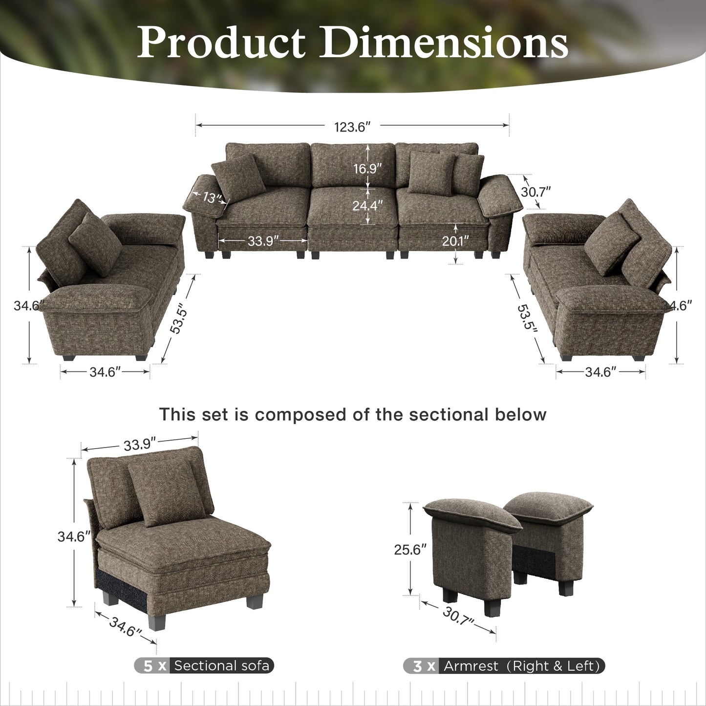 Sophia&William 123.6"L Modular Sectional Sofa Sets, 5-Seat Modern Chenille Cloud Couch Deep Seat with Corduroy Frame & 5 Pillows for Living Room, Apartment, Ash Gray