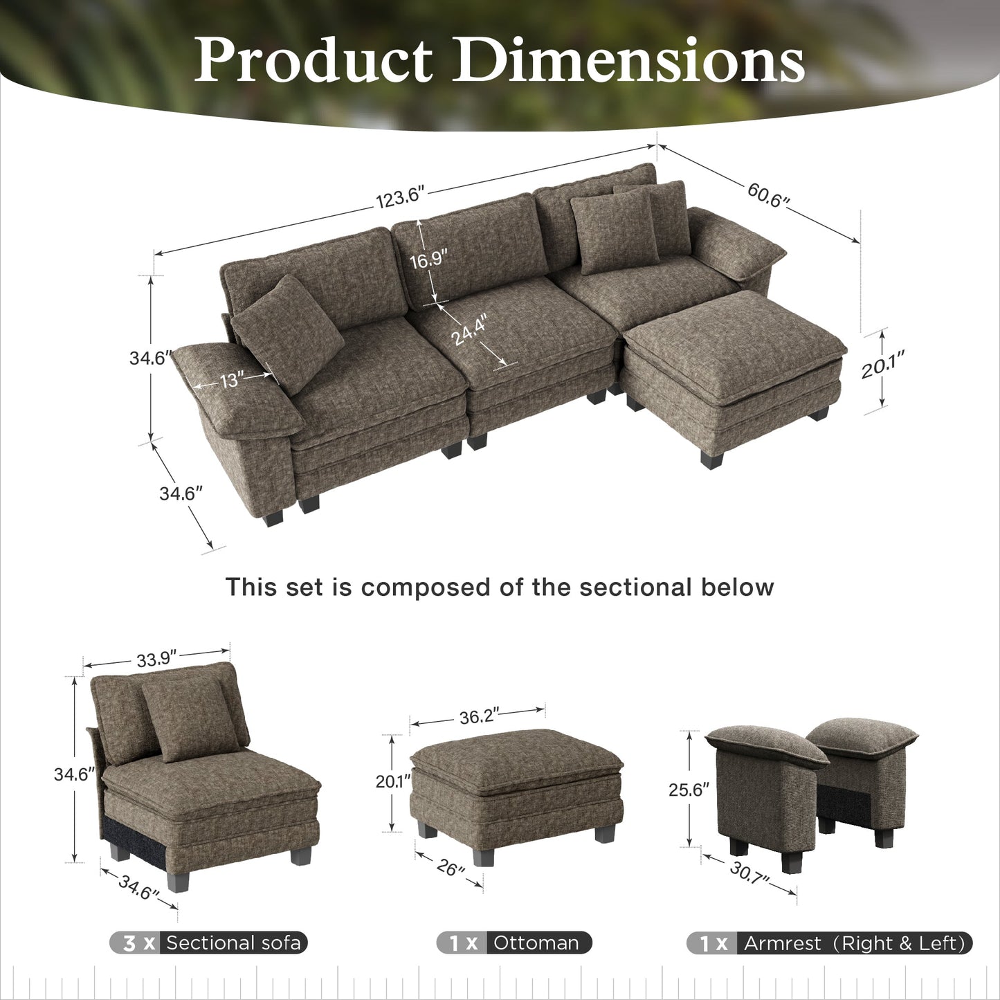 Sophia&William 123.6"L Convertible Sectional Sofa Couch, Modern Chenille Couch 3-Seat Modular Sectional Sofa with 3 Pillows for Living Room,Ash Gray