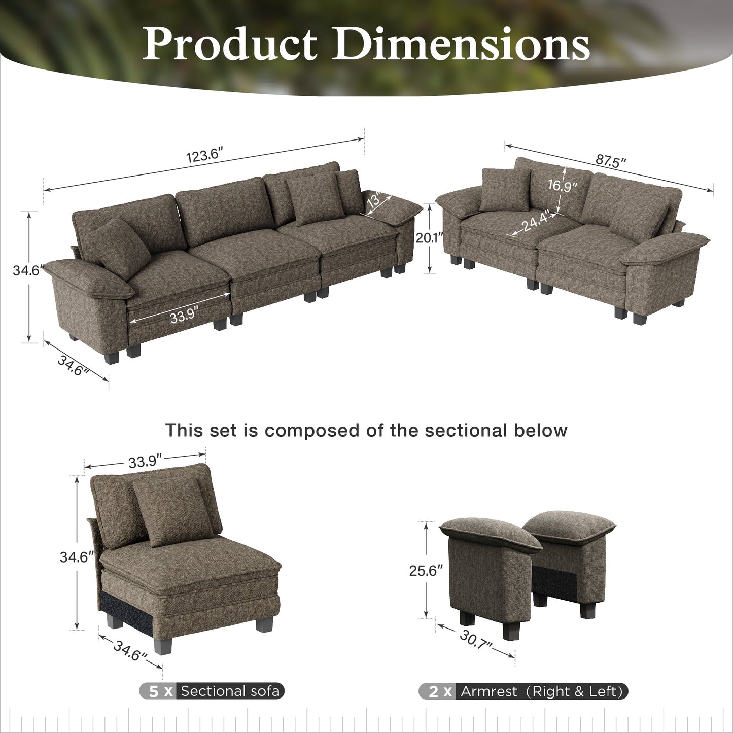 Sophia&William L-shpaed Convertible Sectional Sofa Couch, 5-Seat Modern Chenille Cloud Couch Deep Seat with Corduroy Frame & 5 Pillows for Living Room, Apartment, Ash Gray