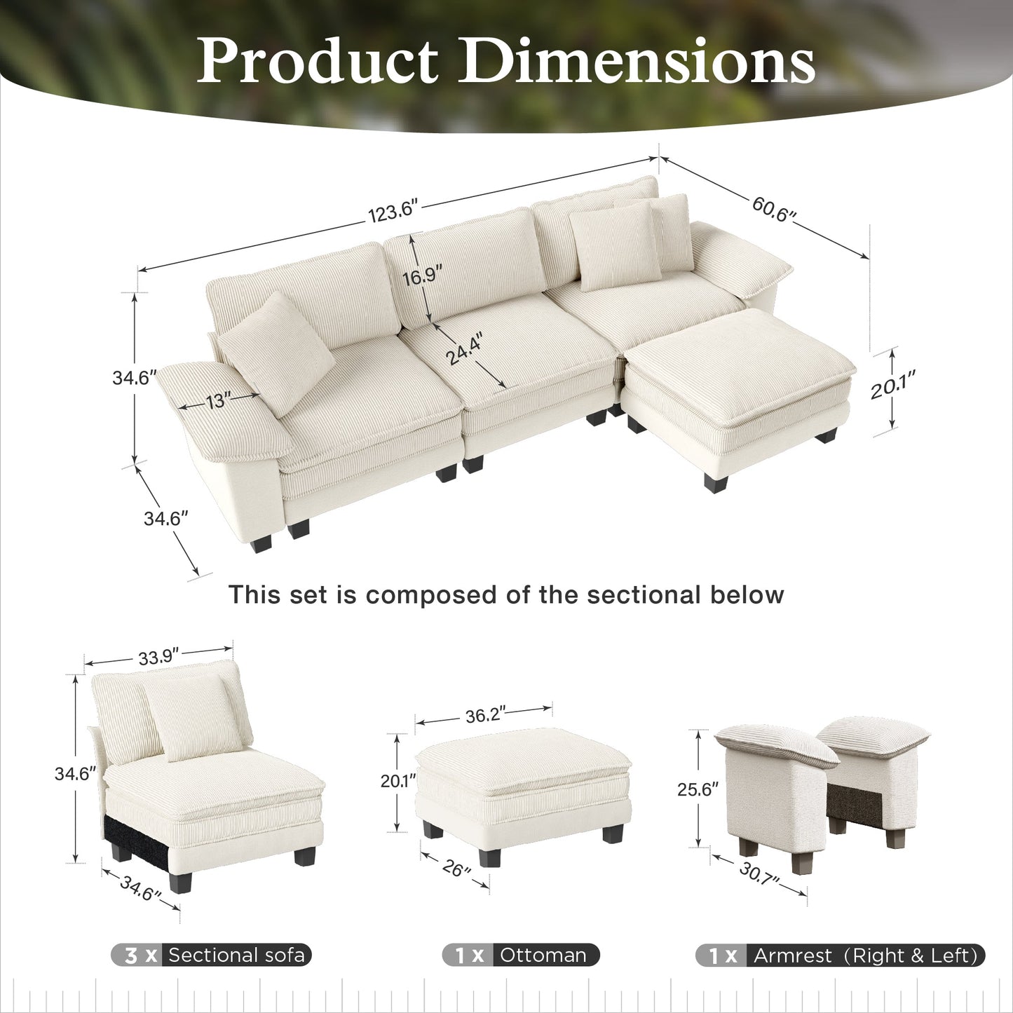 Sophia&William 123.6"L Convertible Sectional Sofa Couch, Modern Chenille 4-Seat Couch in Corduroy Frame Sofa Modular with 3 Pillows for Living Room,White