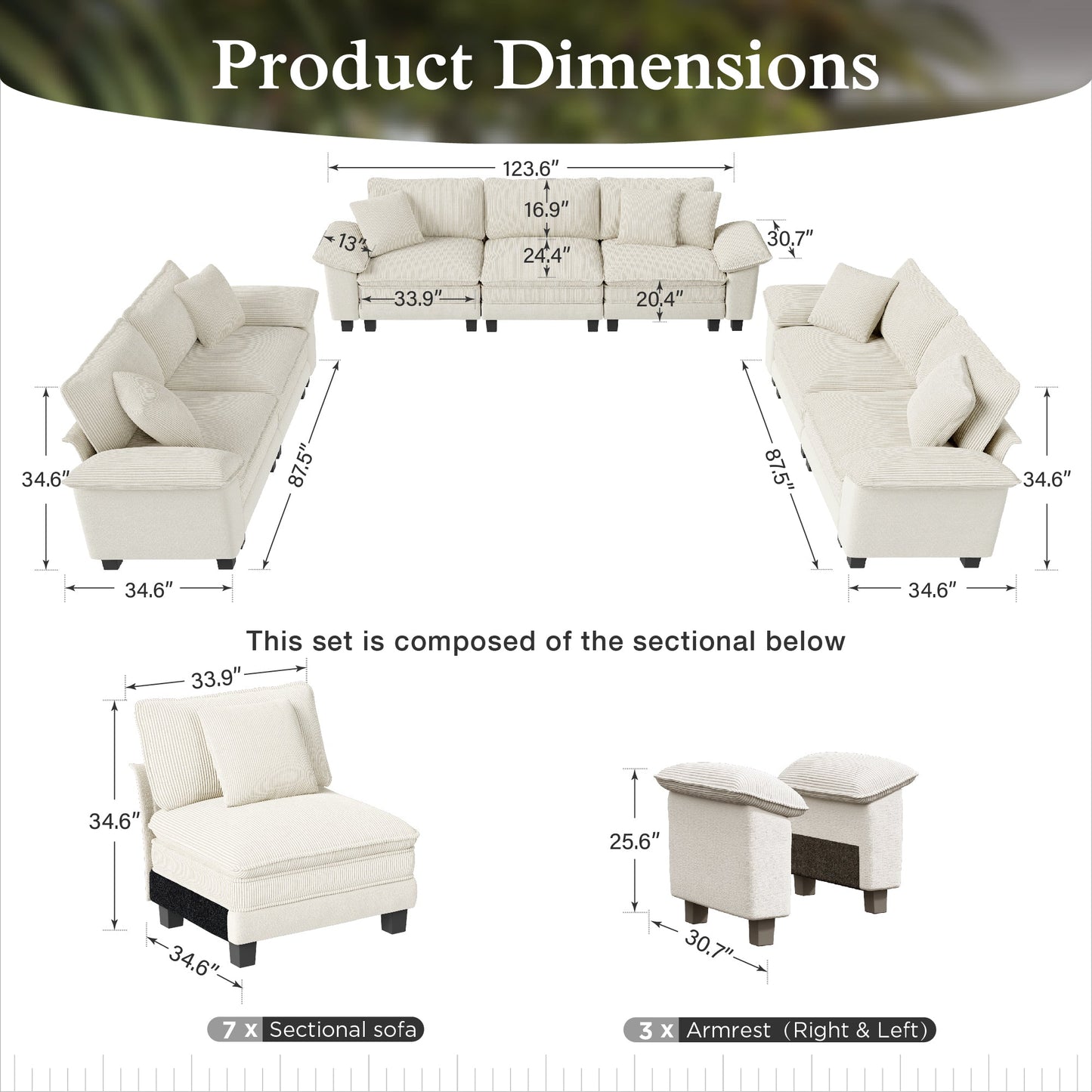 Sophia&William 123.6"L Chenille Sectional Sofa Couch, 7-Seat Modern U-Shaped Modular Cloud Couch in Corduroy Frame with 7 Pillows for Living Room,White
