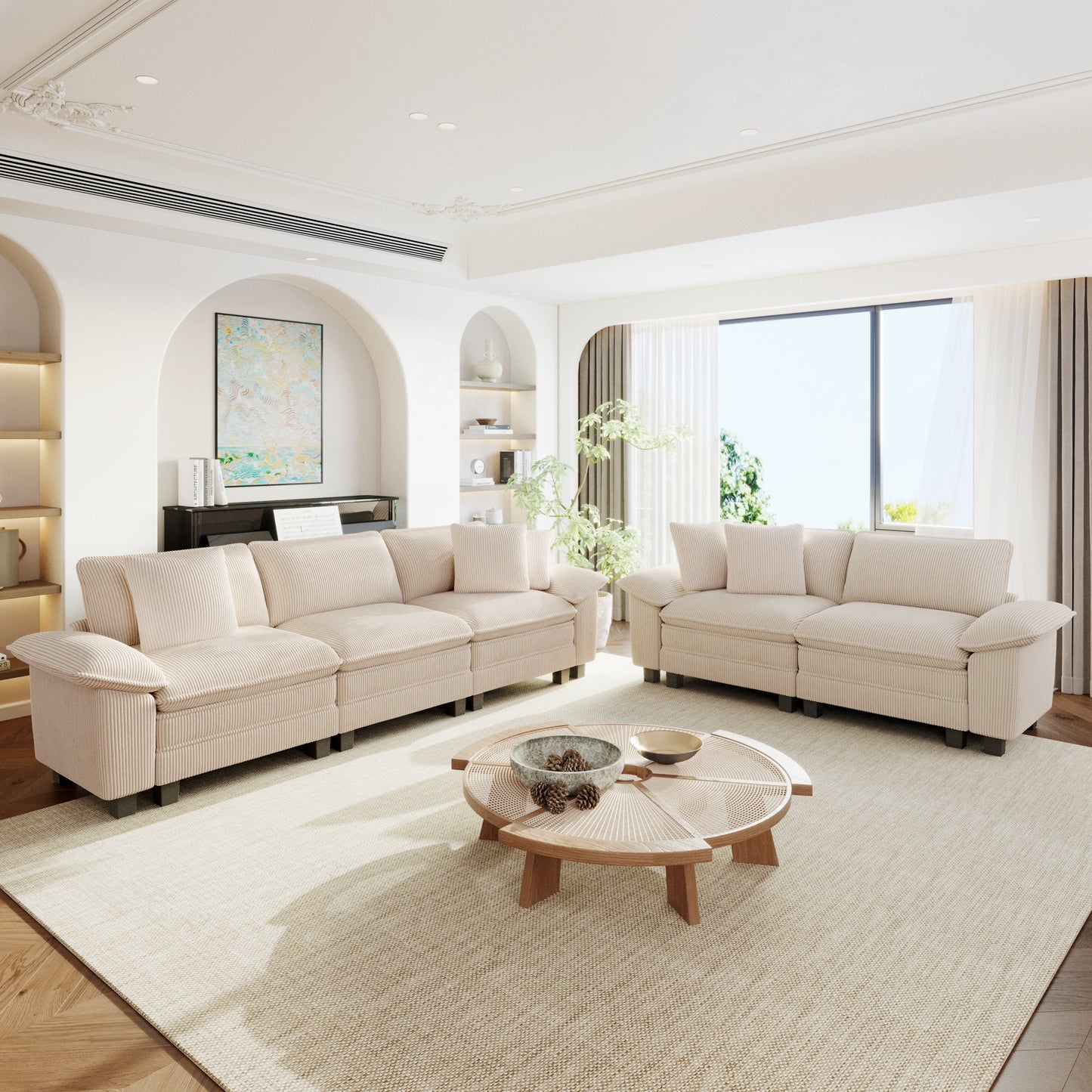 Sophia&William Convertible Sectional Sofa Couch, Modern Corduroy Couch 5-Seat Sofa Sectional for Living Room,Beige