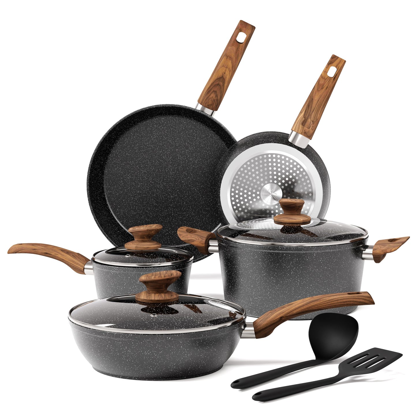 Sophia & William 12 Pieces Kitchen Nonstick Granite-Coated Cookware Set with Aluminum Core - Black