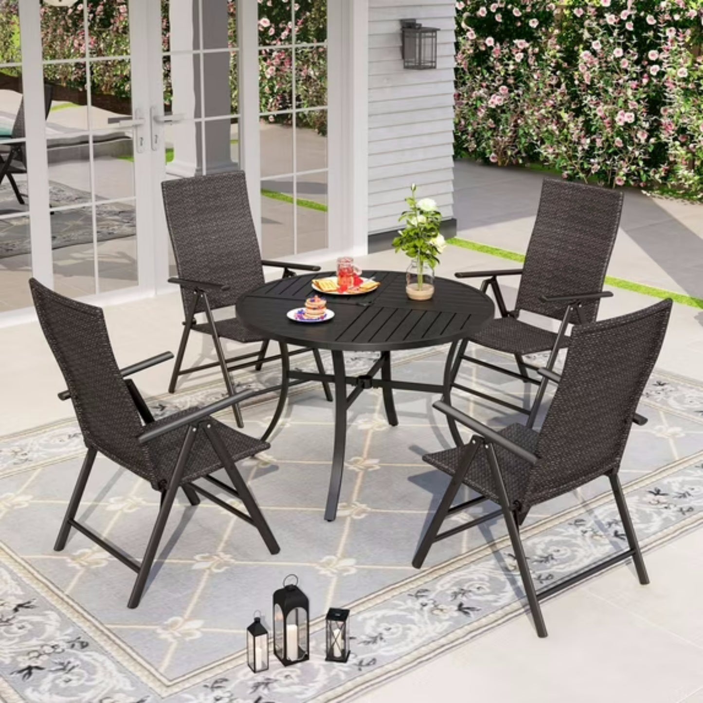 Alpha Joy 5 Pieces Outdoor Patio Dining Set Foldable Adjustable PE Rattan Patio Dining Chairs and Metal Dining Table with Umbrella Hole