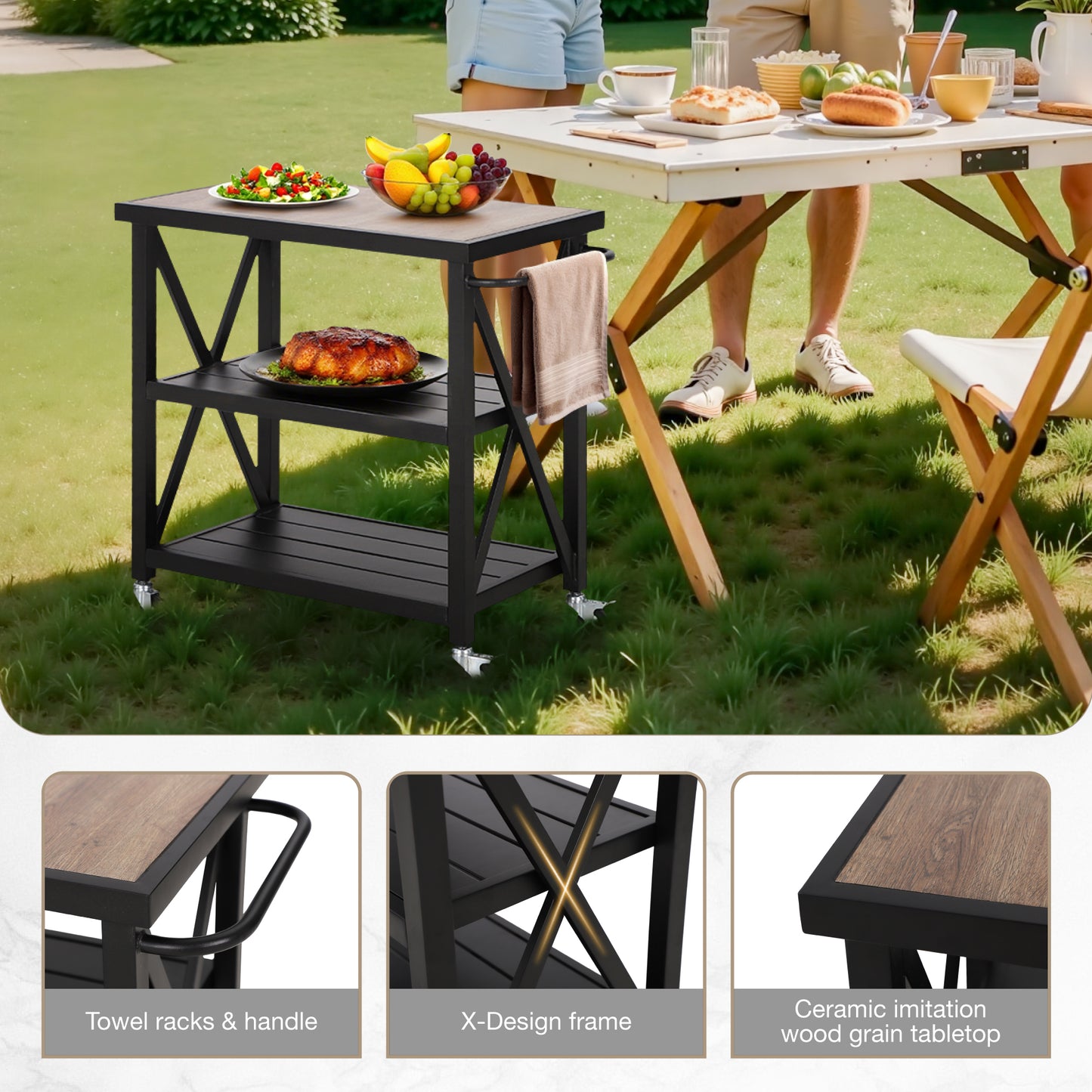 Alpha Joy Outdoor Grill Cart 3-Tier Rolling BBQ Grill Prep Table with Side Hand and Wheels
