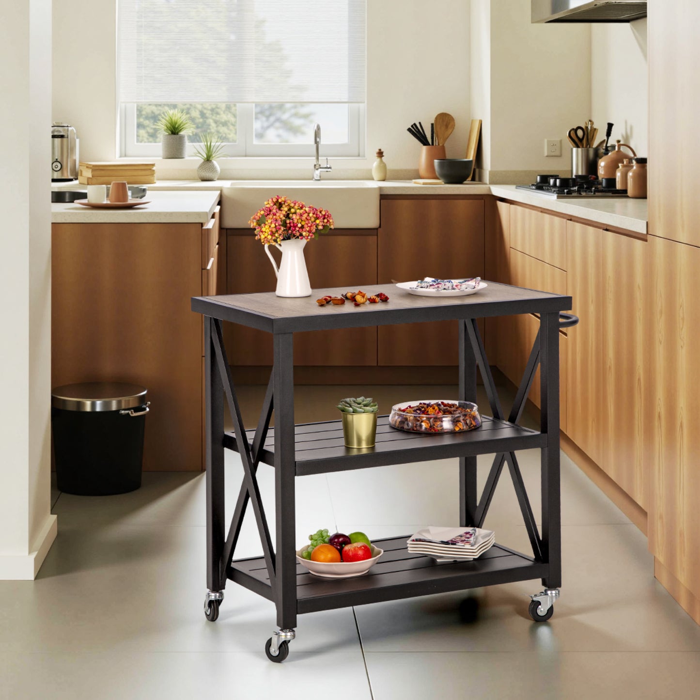 Alpha Joy Outdoor Grill Cart 3-Tier Rolling BBQ Grill Prep Table with Side Hand and Wheels