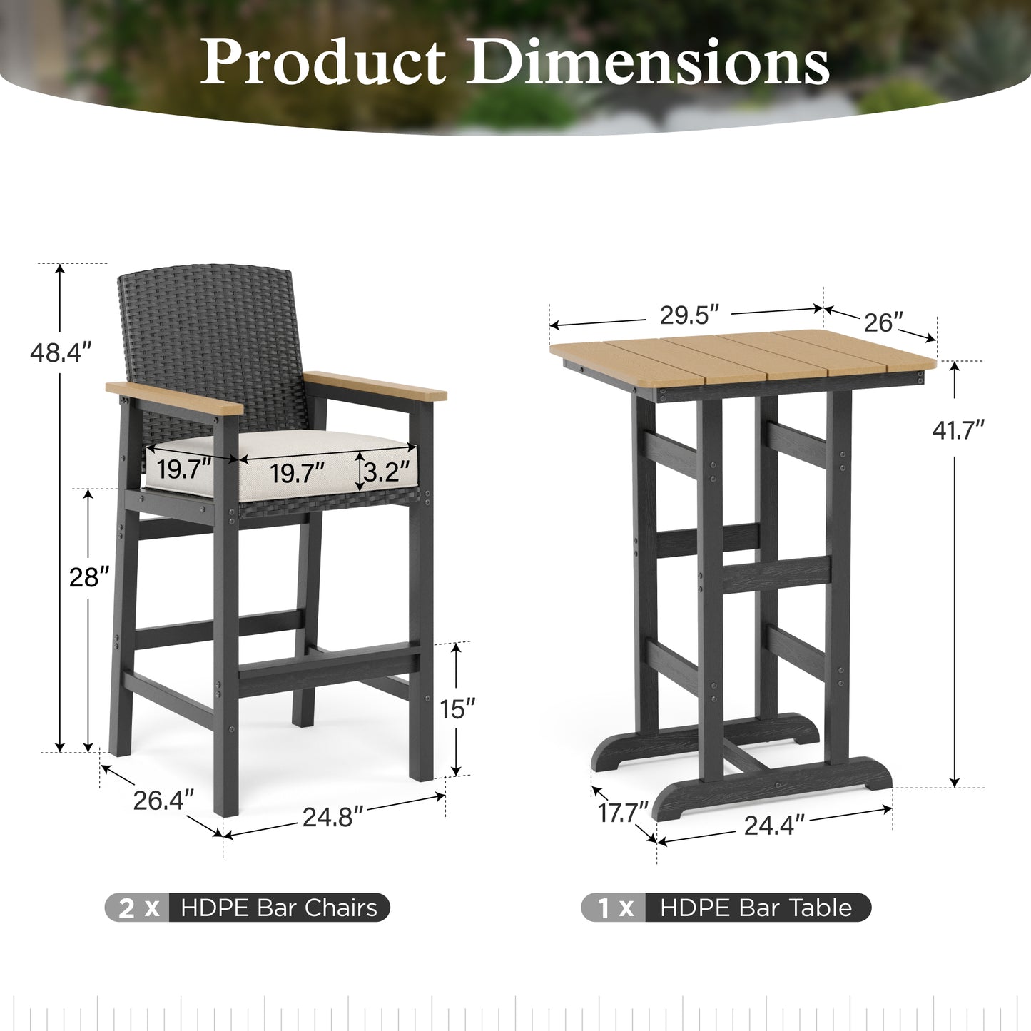 Sophia & William Patio Outdoor Bar Set HDPE Height Stools & Table Bistro Set Cushioned Wicker Chair Furniture Set