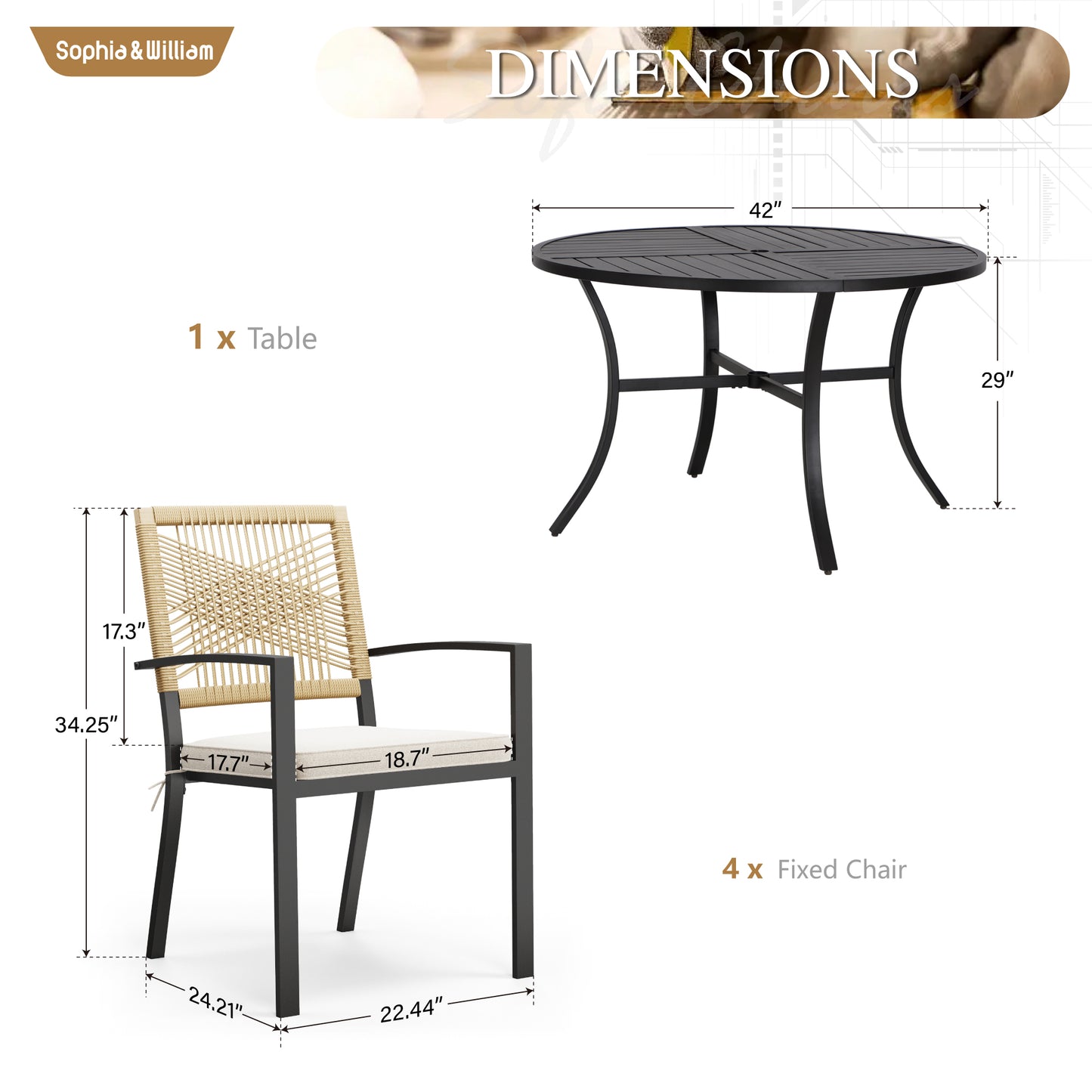 Sophia&William 5Pcs Patio Dining Set Outdoor Metal Stackable Chairs with Wicker Rattan Backrest & 42inch Round Table Furniture Sets for 4