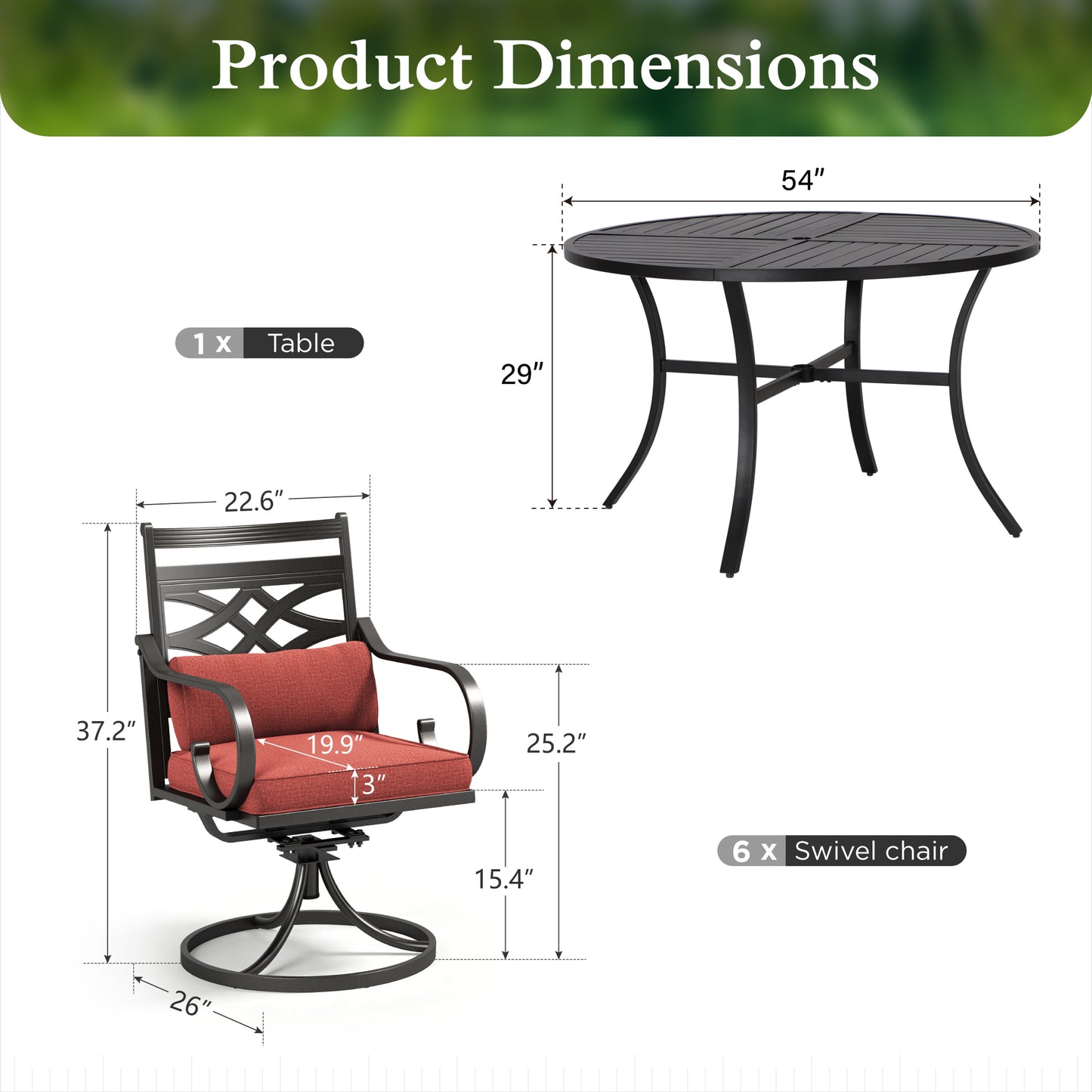 Sophia&William 7Pcs Outdoor Patio Dining Set for 6 Metal Swivel Chairs and 54 Round Table Set with Red Cushion