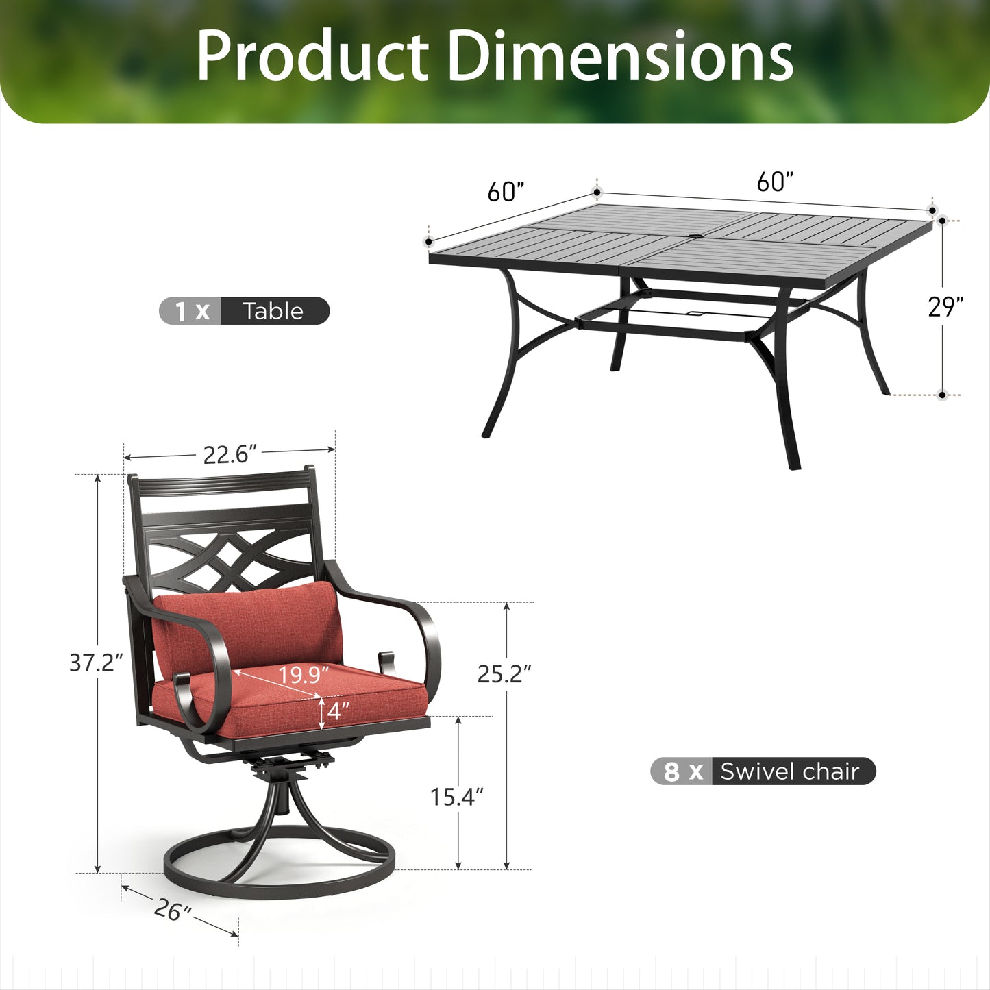 Sophia & William 7 Piece Outdoor Patio Dining Set 60 Rectangular Table and Metal Cushioned Chairs Furniture Set for 8, Red