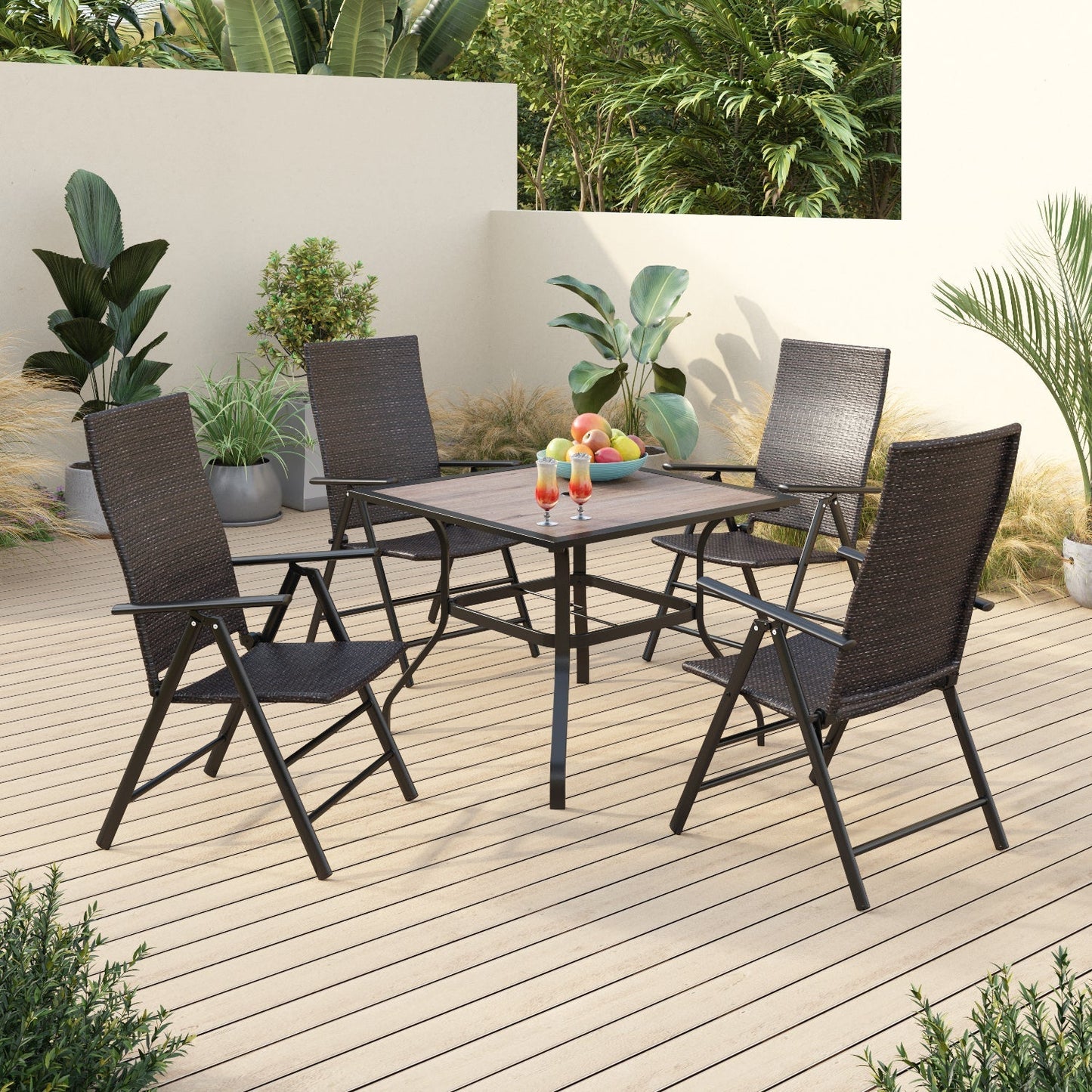 Alpha Joy 5 Pieces Outdoor Patio Dining Set Foldable Adjustable PE Rattan Patio Dining Chairs and Metal Dining Table