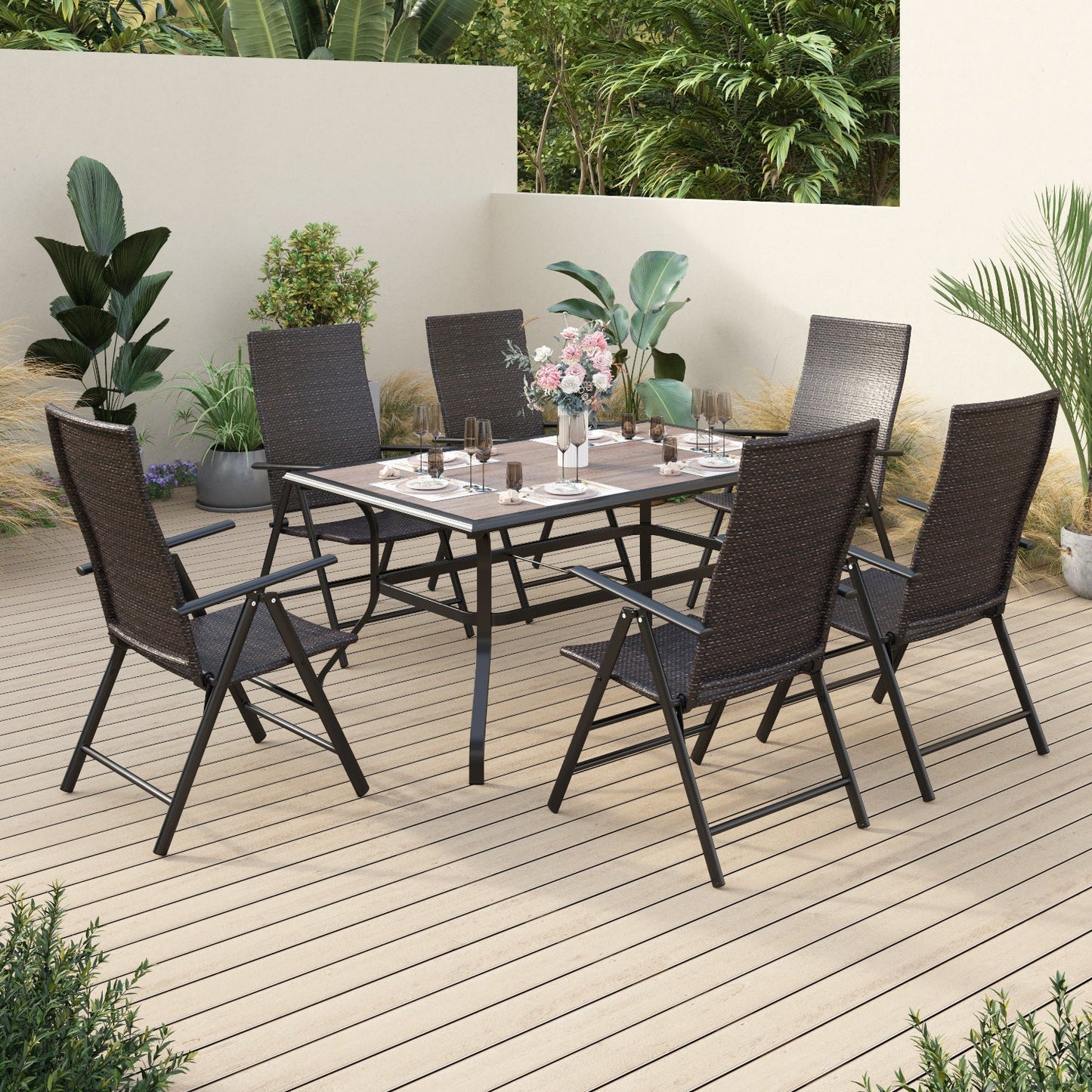Alpha Joy 7 Pieces Outdoor Patio Dining Set Foldable Adjustable PE Rattan Patio Dining Chairs and Metal Dining Table