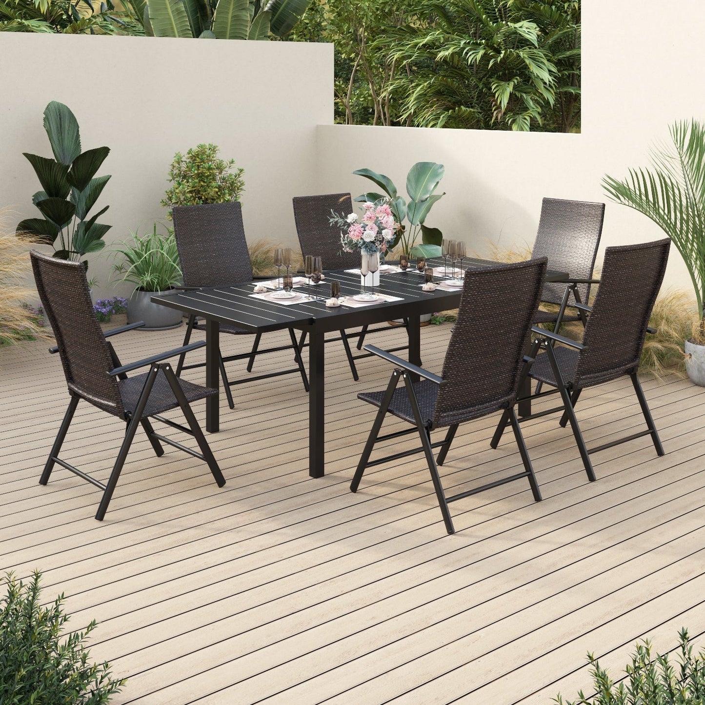 Alpha Joy 7 Pieces Outdoor Patio Dining Set Foldable Adjustable PE Rattan Patio Dining Chairs and Metal Dining Table