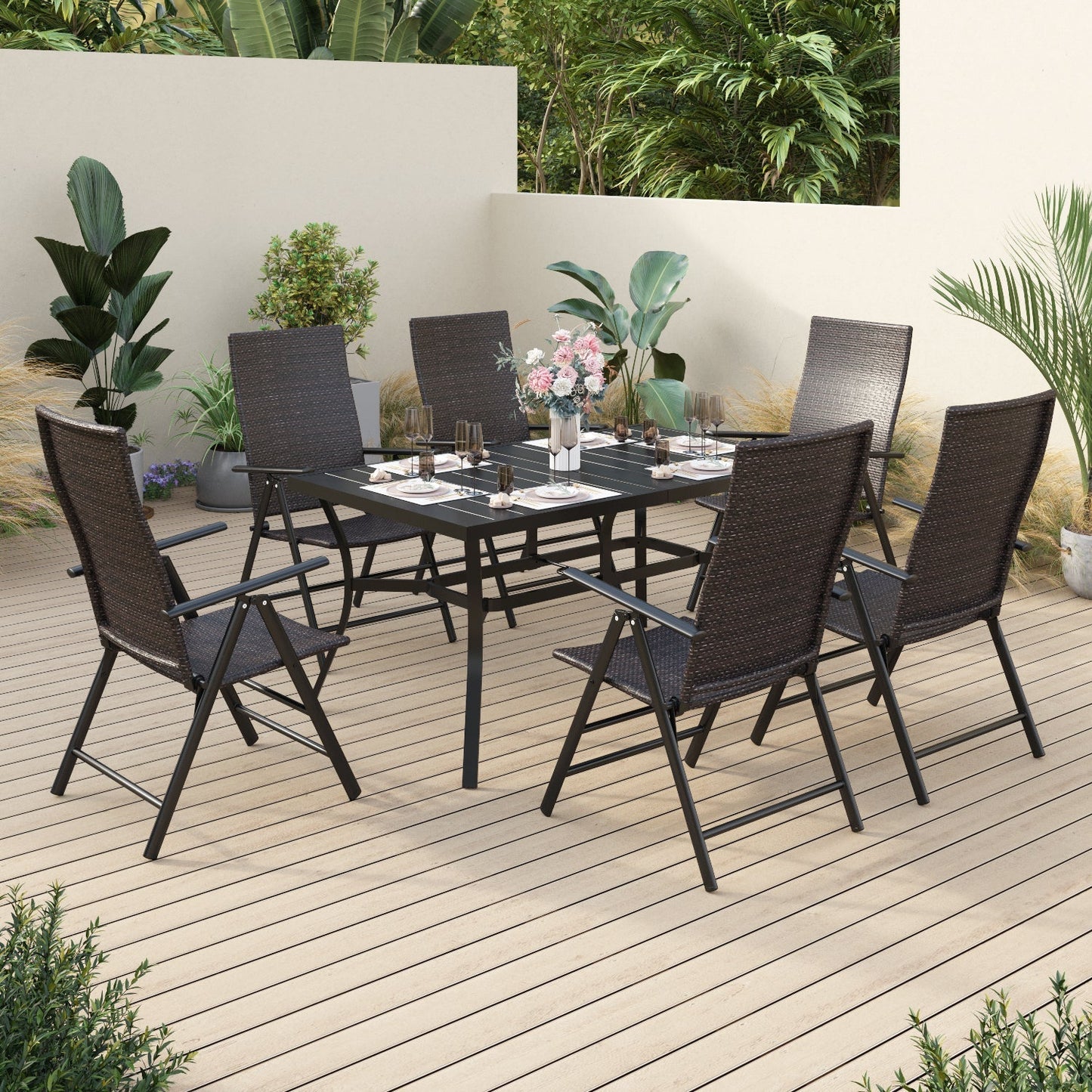 Alpha Joy 7 Pieces Outdoor Patio Furniture Dining Set Foldable Adjustable PE Rattan Patio Dining Chairs and Metal Dining Table