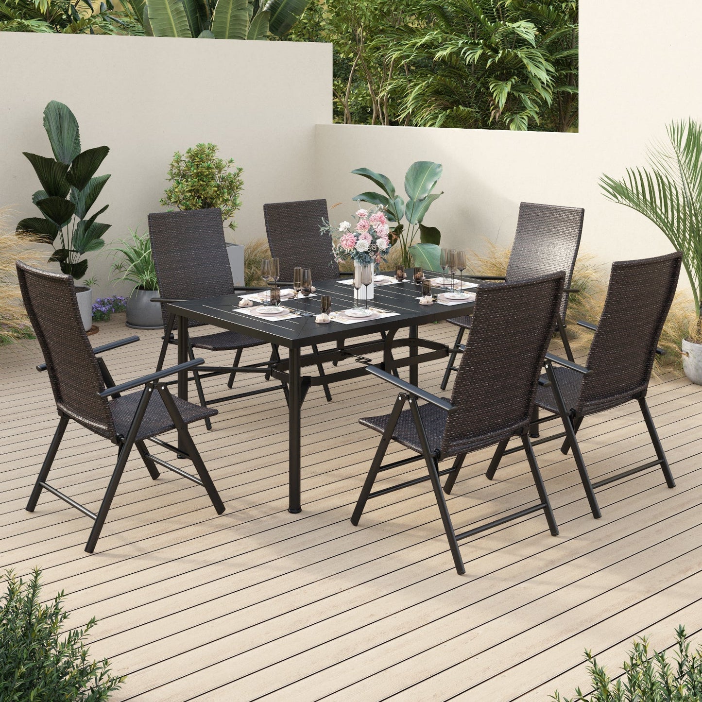 Alpha Joy 7 Pieces Outdoor Patio Dining Set Foldable Adjustable PE Rattan Patio Dining Chairs and Metal Dining Table