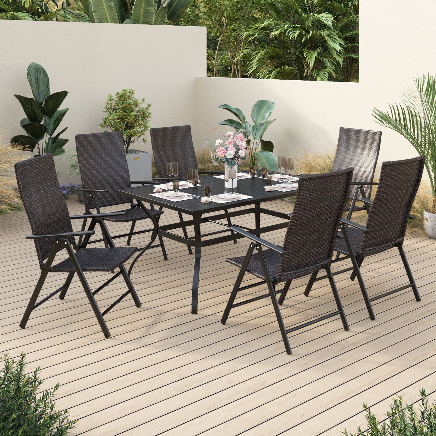 Alpha Joy 7 Piece Patio Dining Set Foldable Adjustable PE Rattan Patio Dining Chairs and Rectangle Metal Table
