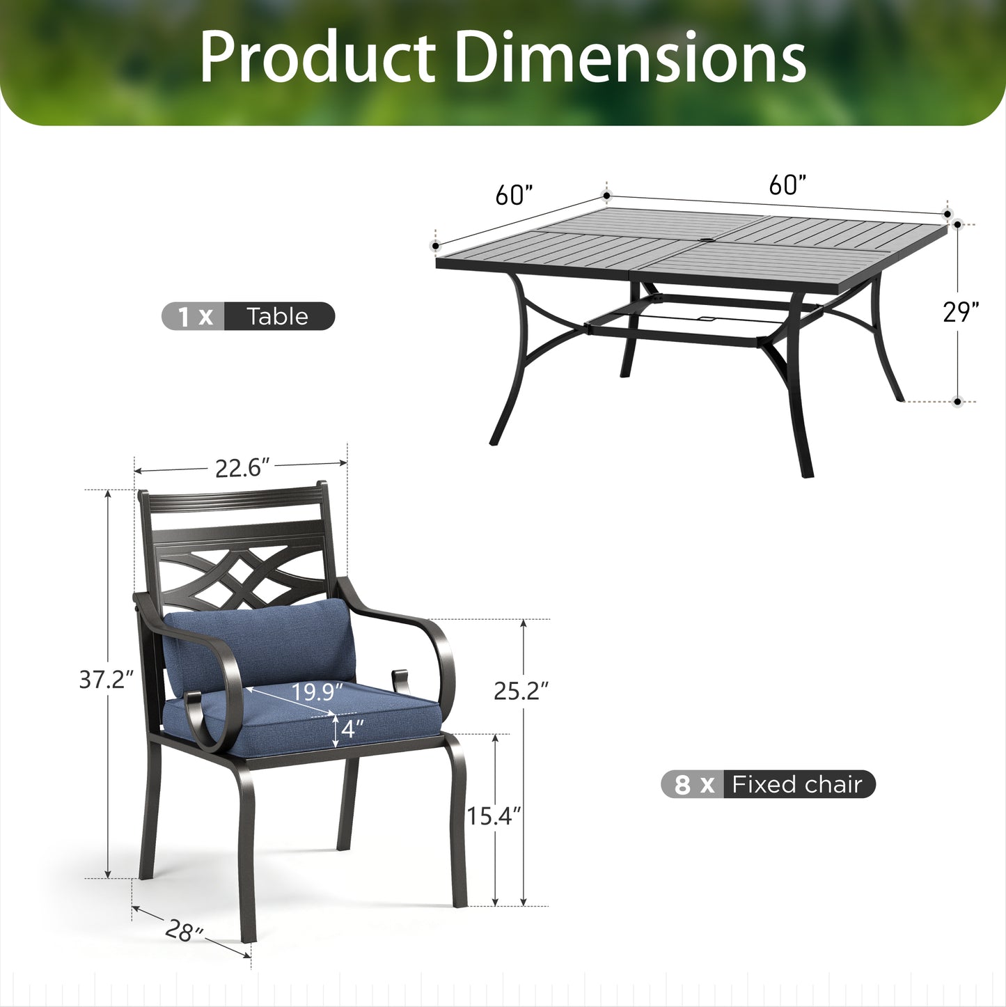 Sophia & William 9 Piece Outdoor Patio Dining Set 60 Square Table and Metal Cushioned Chairs Furniture Set for 8, Beige
