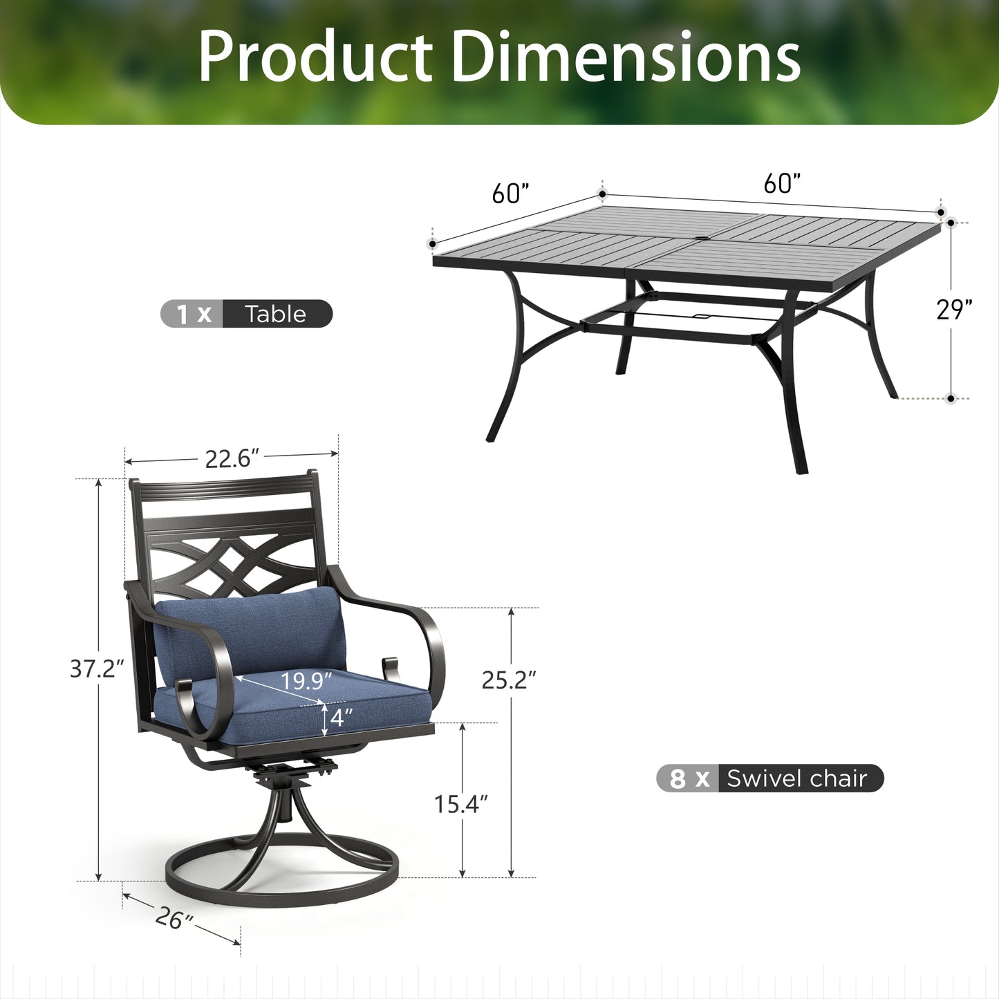 Sophia & William 9 Piece Outdoor Metal Patio Dining Set 60 Square Table and Swivel Chairs Furniture Set for 8, Navy Blue