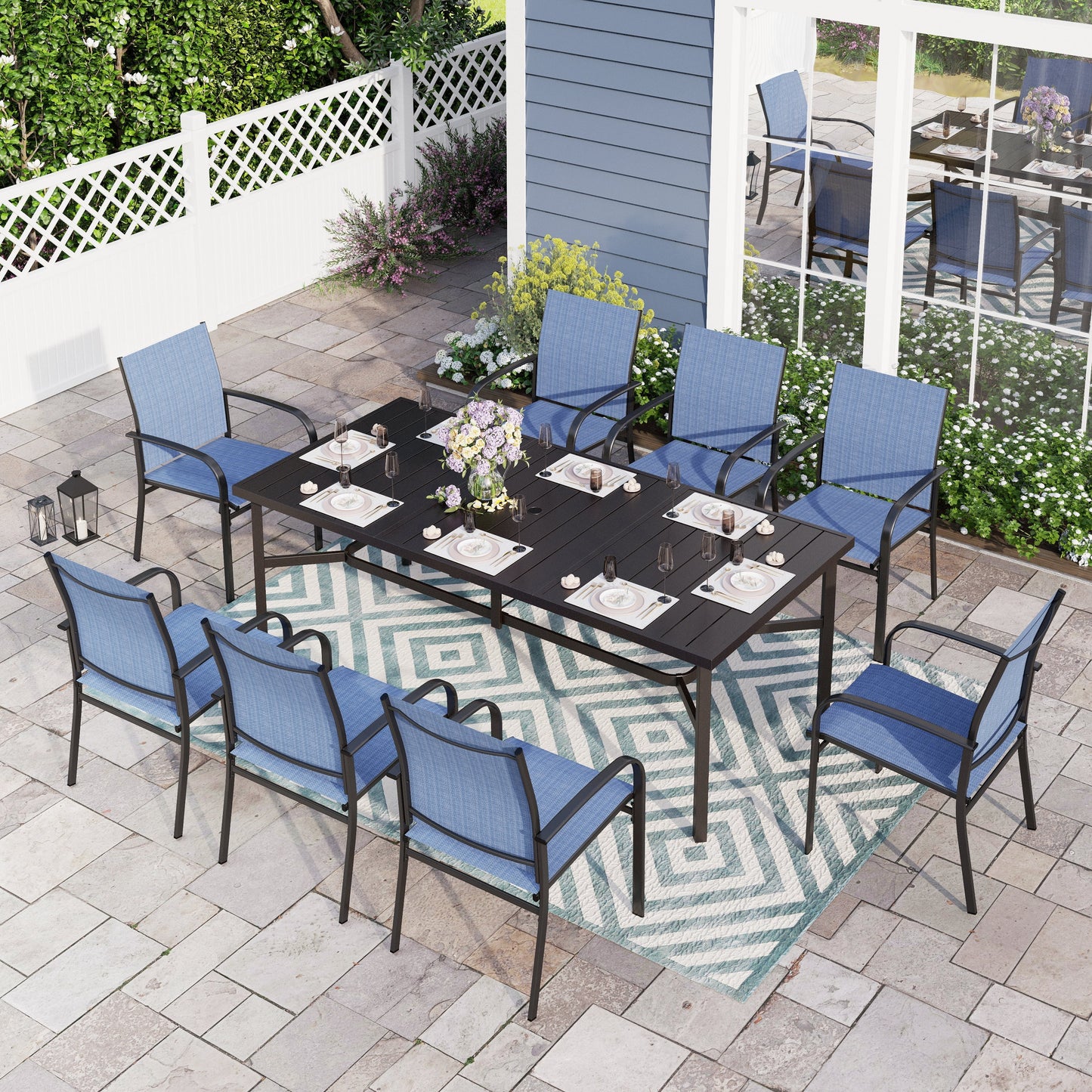 Sophia & William 9 Piece Patio Dining Set 82.6″Metal Table and 8 Blue Textilene Chairs