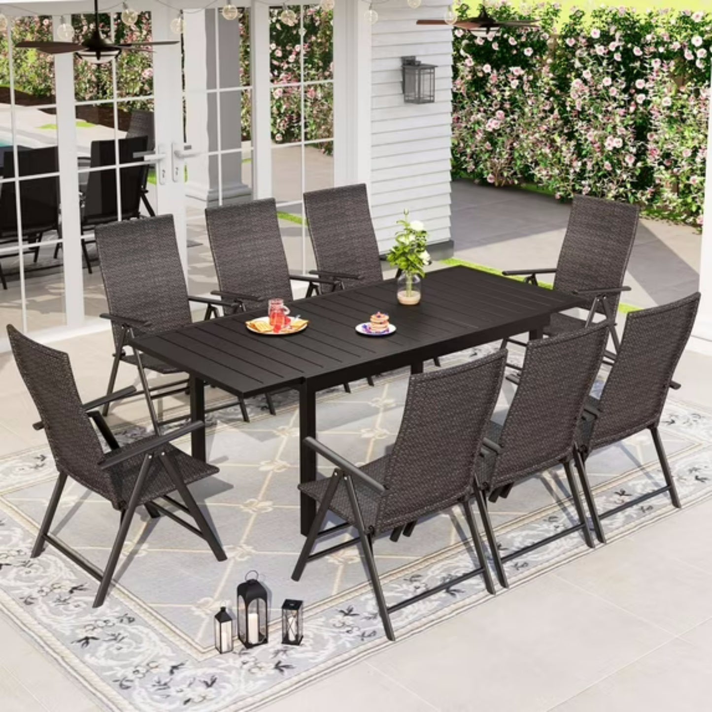 Alpha Joy 9 Pieces Outdoor Patio Dining Set Foldable Adjustable PE Rattan Patio Dining Chairs and Metal Dining Table