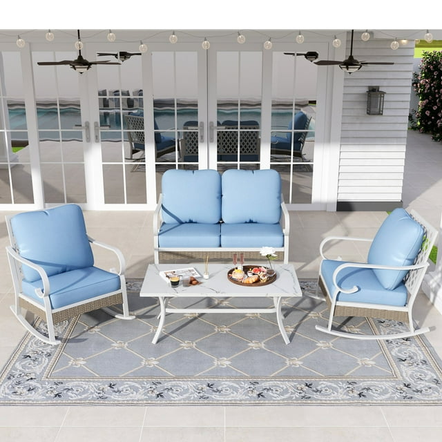 Sophia&William 4 Piece Patio Conversation Set Outdoor Furniture Loveseat Sofa Set with Table, Blue