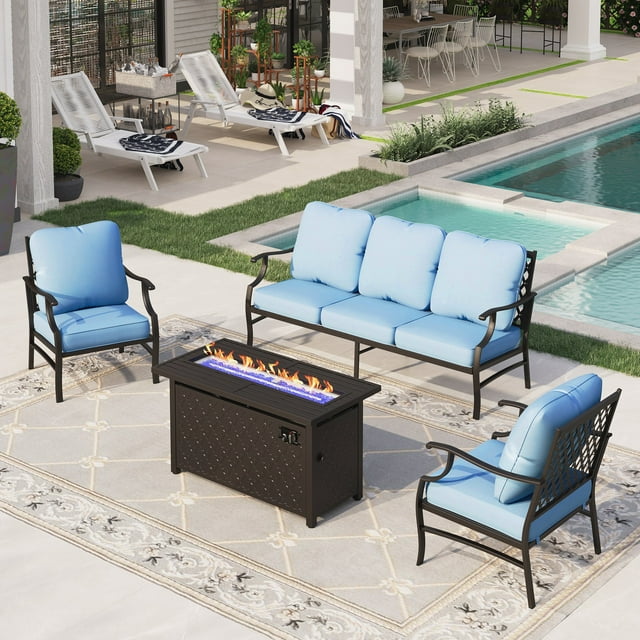 Sophia&William 4 Piece Patio Conversation Set Outdoor Furniture Sofa Set with 50,000BTU Fire Pit Table, Blue