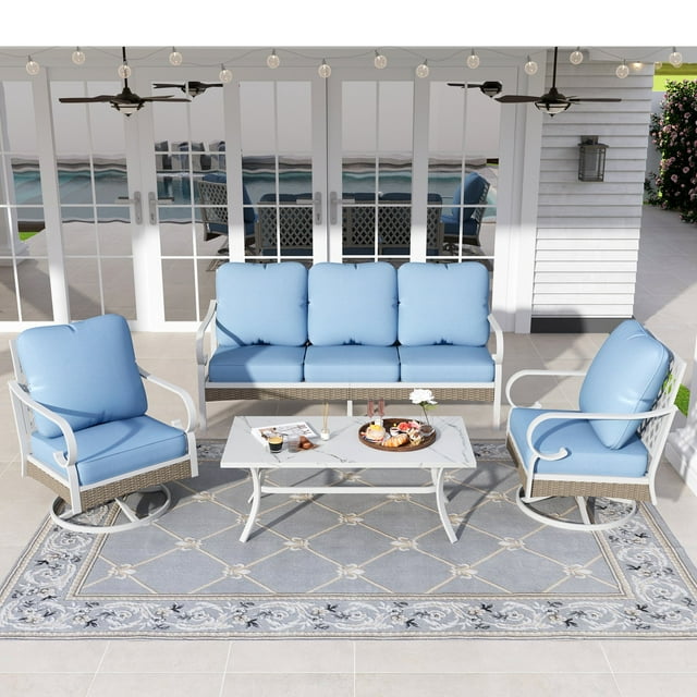 Sophia&William 4 Piece Patio Conversation Set Outdoor Furniture Sofa Set with Swivel Chair, Blue