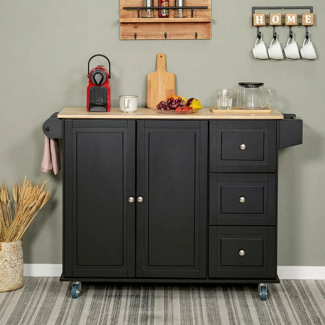 Sophia & William 44" Kitchen Island Carts on Wheels with Storage Cabinet,3 Drawers, Towel and Spice Rack-Black