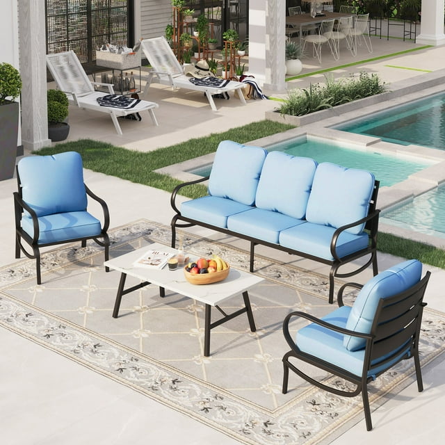 Sophia&William 5 Seat Patio Conversation Set Outdoor Sofa Chairs and Marble Table Furniture Set, Blue