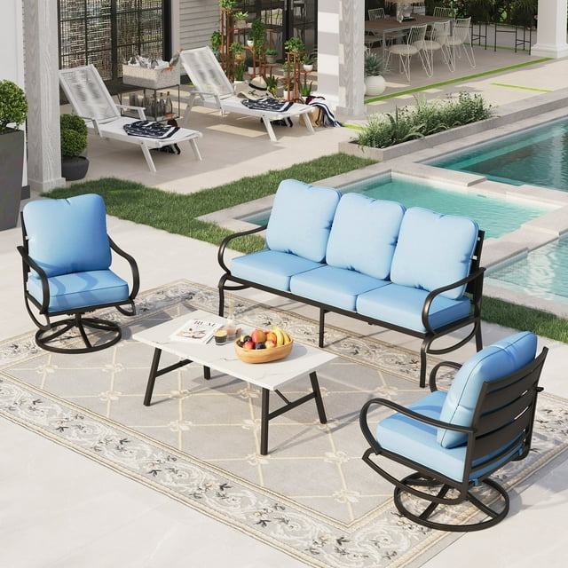 Sophia&William 5 Seat Patio Conversation Set Outdoor Swivel Chairs and Marble Table Furniture Set, Blue