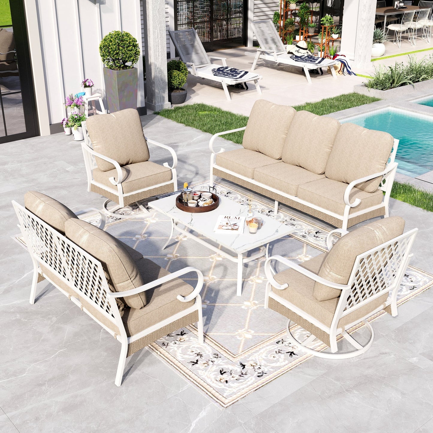 Sophia&William 6 Piece Patio Conversation Set Outdoor Furniture Loveseat Sofa Set with Swivel Chair, Beige
