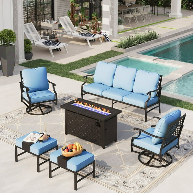 Sophia&William 6 Piece Patio Conversation Set Outdoor Furniture Sofa Set with 50,000BTU Fire Pit Table, Ottomans, Blue