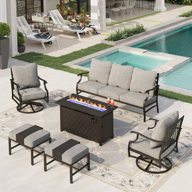 Sophia&William 6 Piece Patio Conversation Set Outdoor Furniture Sofa Set with 50,000BTU Fire Pit Table, Ottomans, Gray