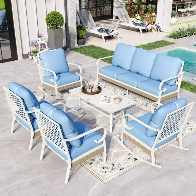 Sophia&William 6 Piece Patio Conversation Set Outdoor Furniture Sofa Set with Fixed & Rocking Chair, Blue