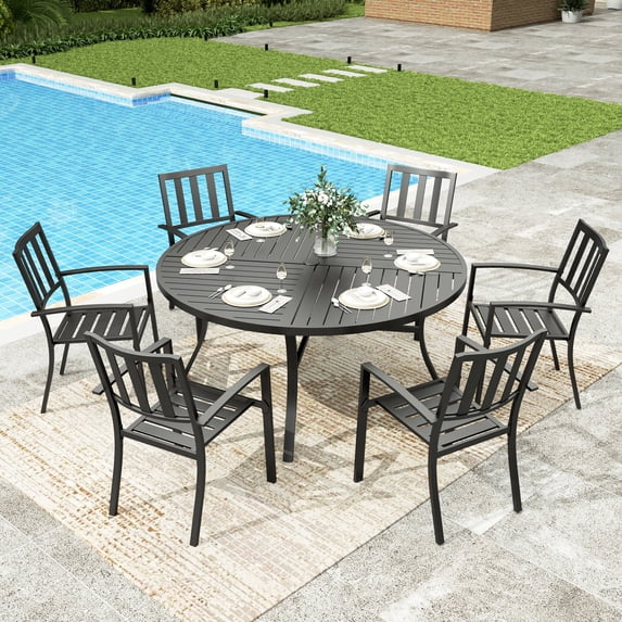 Sophia & William 7 Piece Outdoor Patio Dining Sets Metal 54" Round Table and Stackable Chairs Furniture Set for 6-Person, Black
