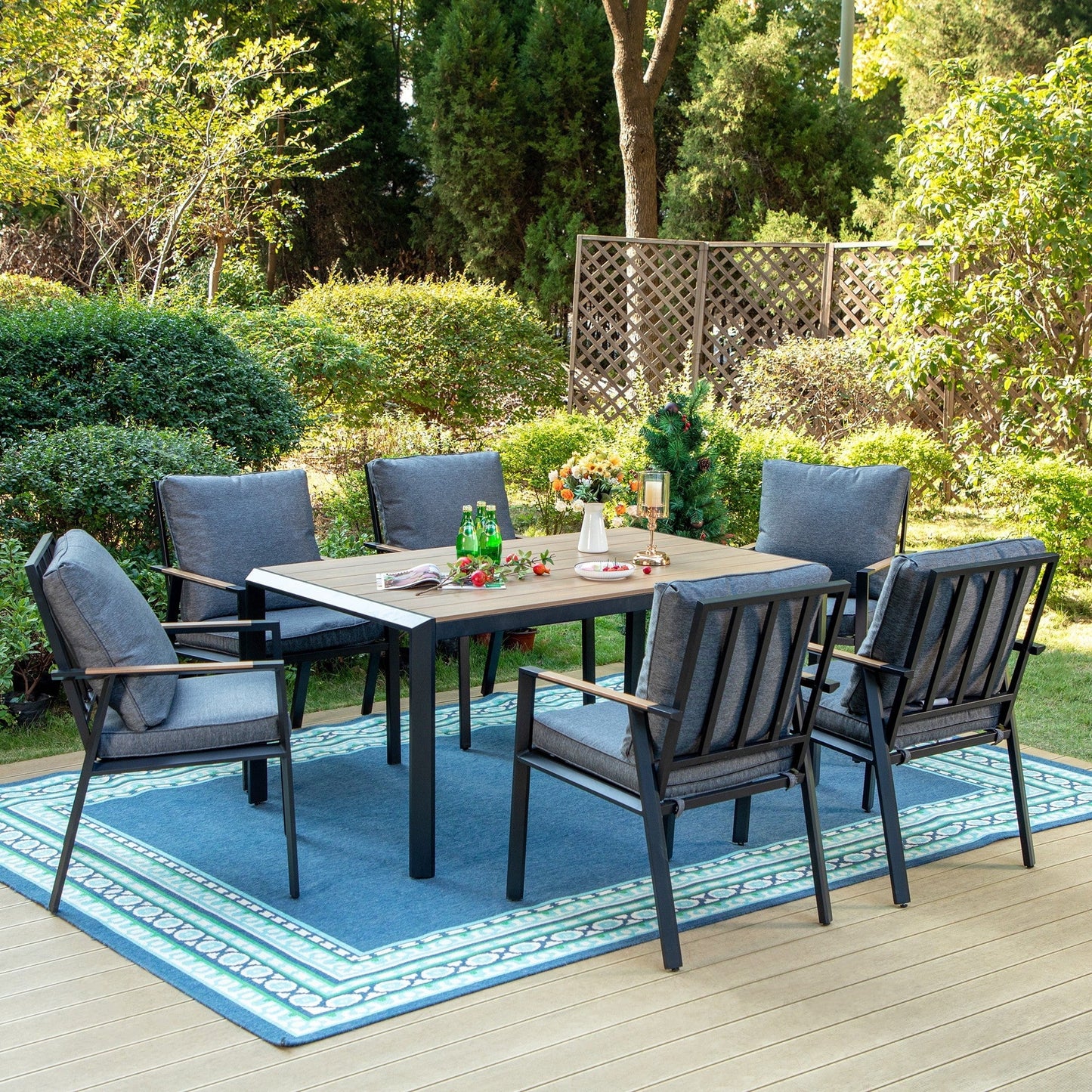 7 Pieces Metal Patio Dining Set with Dark Grey Cushions