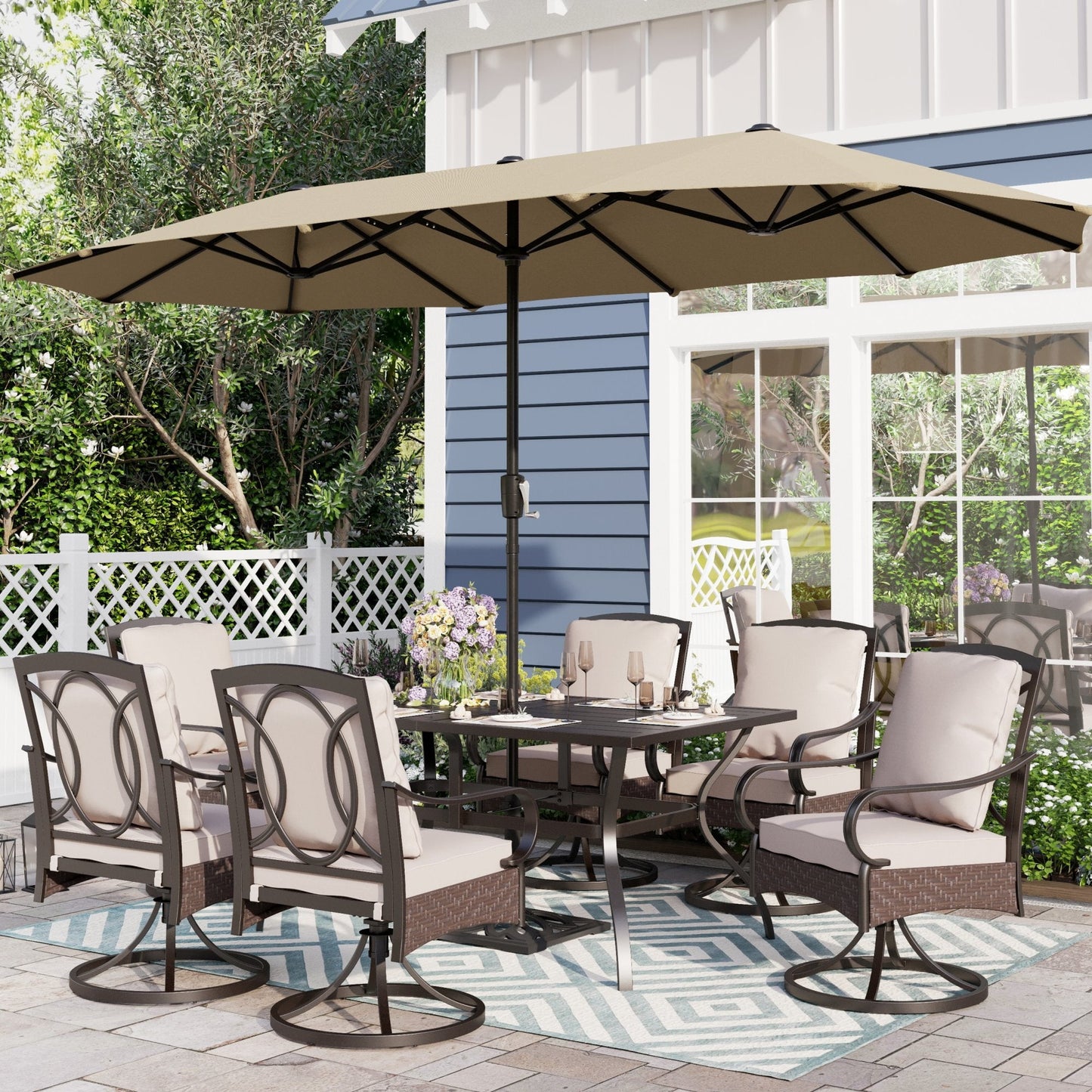 Sophia & William 8-Piece Outdoor Patio Dining Set with 13 ft Beige Umbrella, Swivel Chairs & Rectangle Table for 6