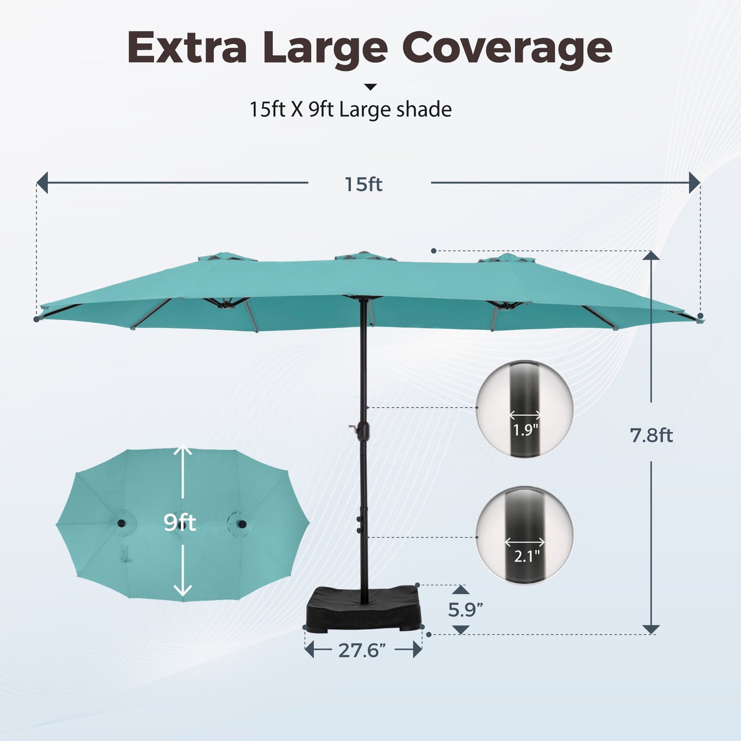 Alpha Joy 15ft Outdoor Patio Umbrella Extra-Large Double-Sided Garden Umbrella with Crank Handle and Base - Turquoise
