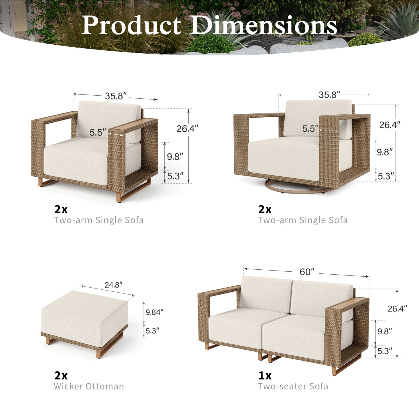 Sophia & William 8 Pieces Wicker Patio Furniture Set 8-Seat Outdoor Cushioned Conversation Set with 2Pcs Swivel Chairs, Yellow-Brown & Beige