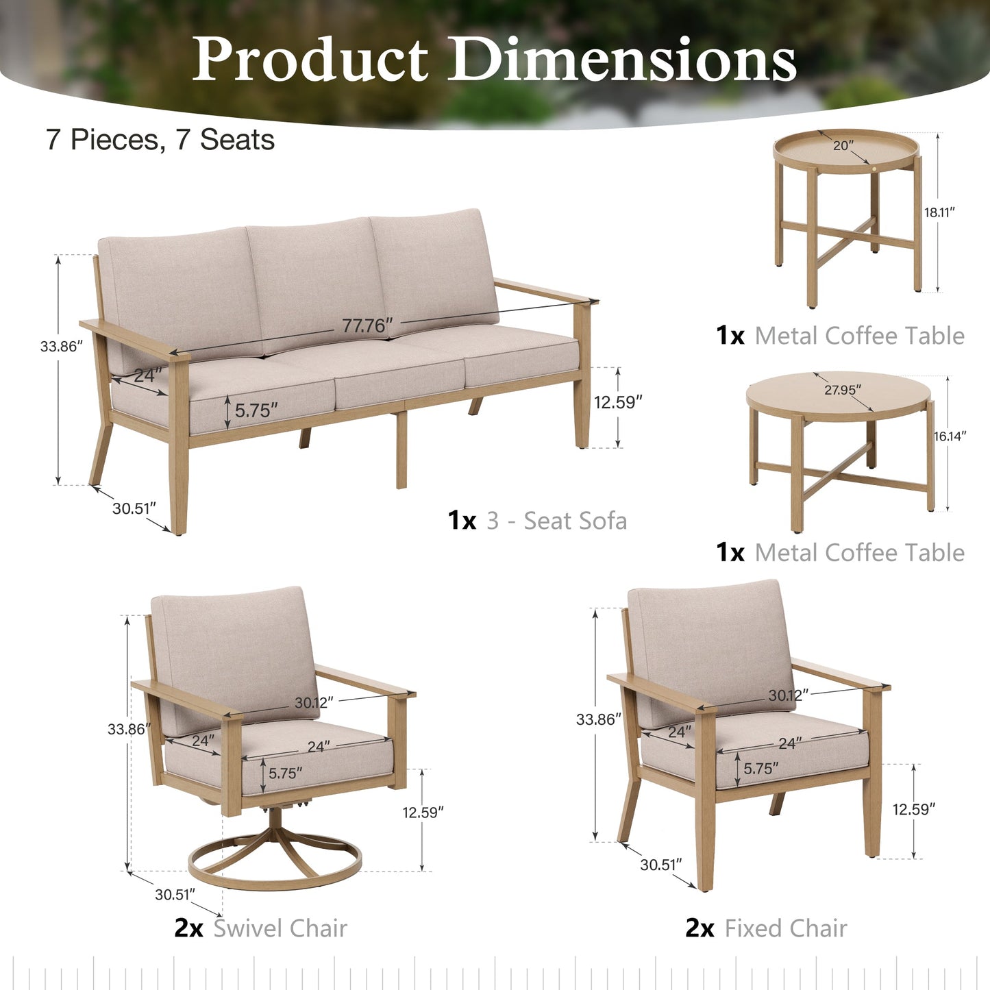 Sophia & William 7 Seat Patio Outdoor Furniture Set Wooden-like Conversation Set with Chairs & Detachable Coffee Table, Beige