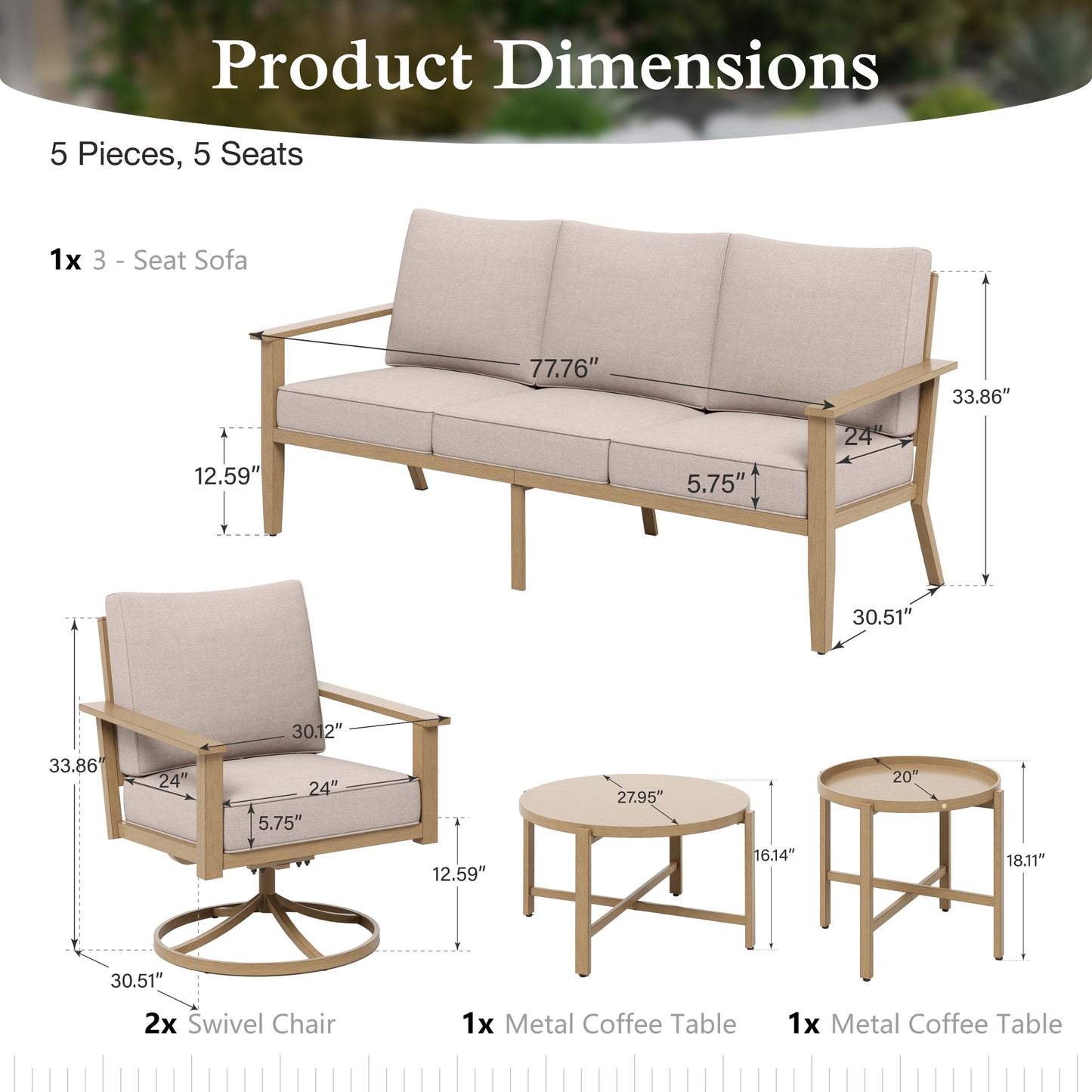 Sophia & William 5 Seat Patio Outdoor Furniture Set Wooden-like Conversation Set with Swivel Chairs & Coffee Table, Beige