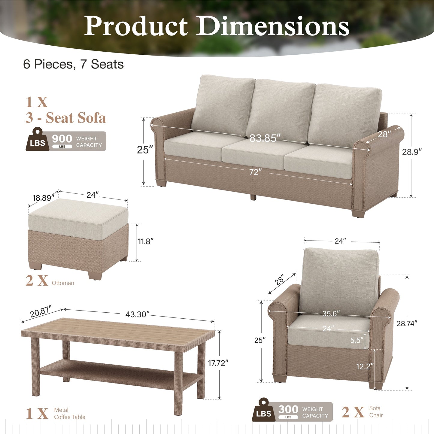 Sophia & William 6 Pieces Wicker Patio Furniture Set 7-Seat Outdoor Cushioned Conversation Set with Coffe Table, Beige