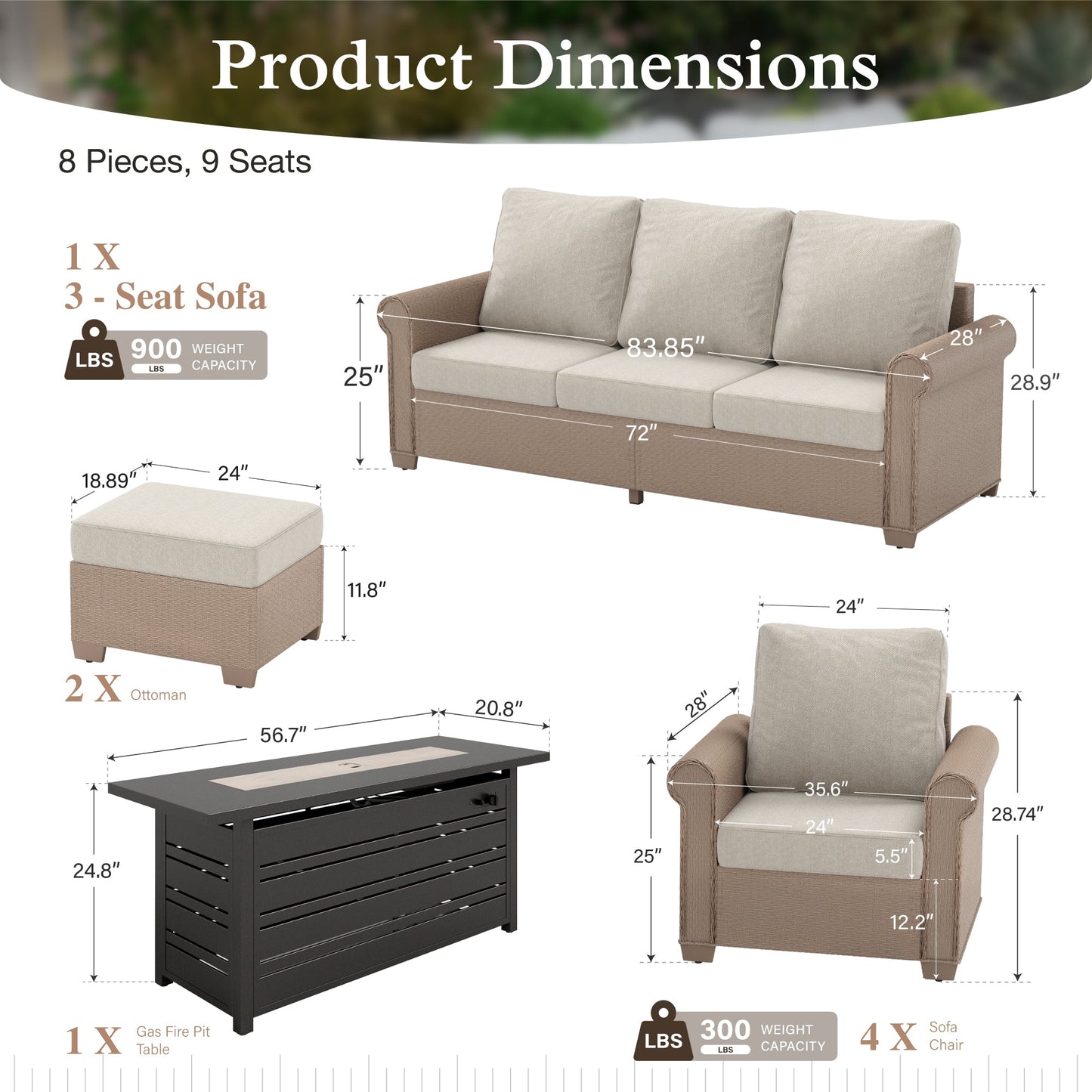 Sophia & William 8 Pieces Wicker Patio Furniture Set 9-Seat Outdoor Cushioned Conversation Set with Fire Pit Table, Beige