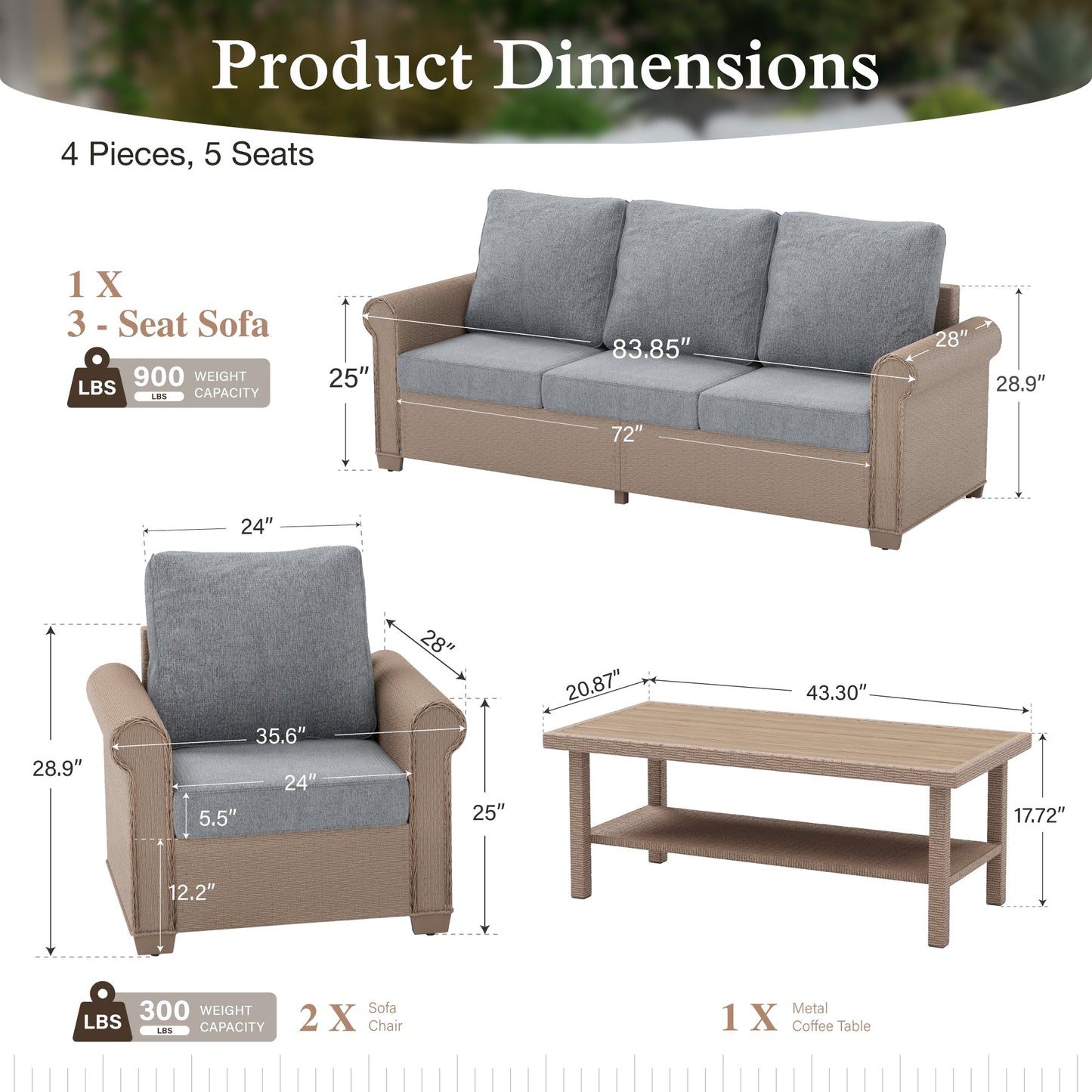 Sophia & William 4 Pieces Wicker Patio Furniture Set 5-Seat Outdoor Conversation Set with Cushions, Gray